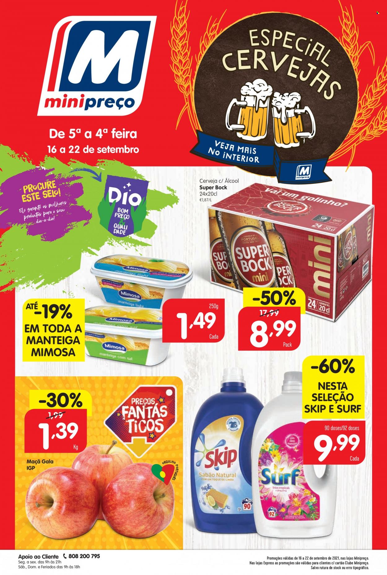 thumbnail - Folheto Minipreço - 16.9.2021 - 22.9.2021 - Produtos em promoção - Super Bock, cerveja, Mimosa, manteiga com sal, sabão, Surf. Página 1.