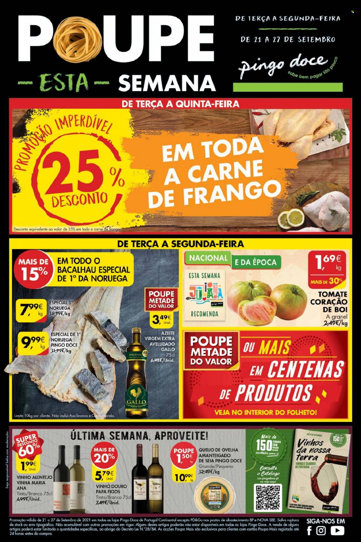 thumbnail - Folheto Pingo Doce - 21.9.2021 - 27.9.2021 - Produtos em promoção - bacalhau, queijo de ovelha, azeite de oliva, Gallo, vinho, Continental. Página 1.