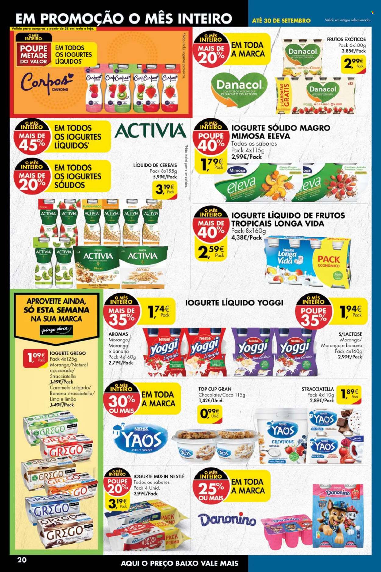 thumbnail - Folheto Pingo Doce - 21.9.2021 - 27.9.2021 - Produtos em promoção - lima, iogurte, Activia, Danone, iogurte grego, iogurte líquido, Mimosa, Danacol, Nestlé, coco. Página 20.