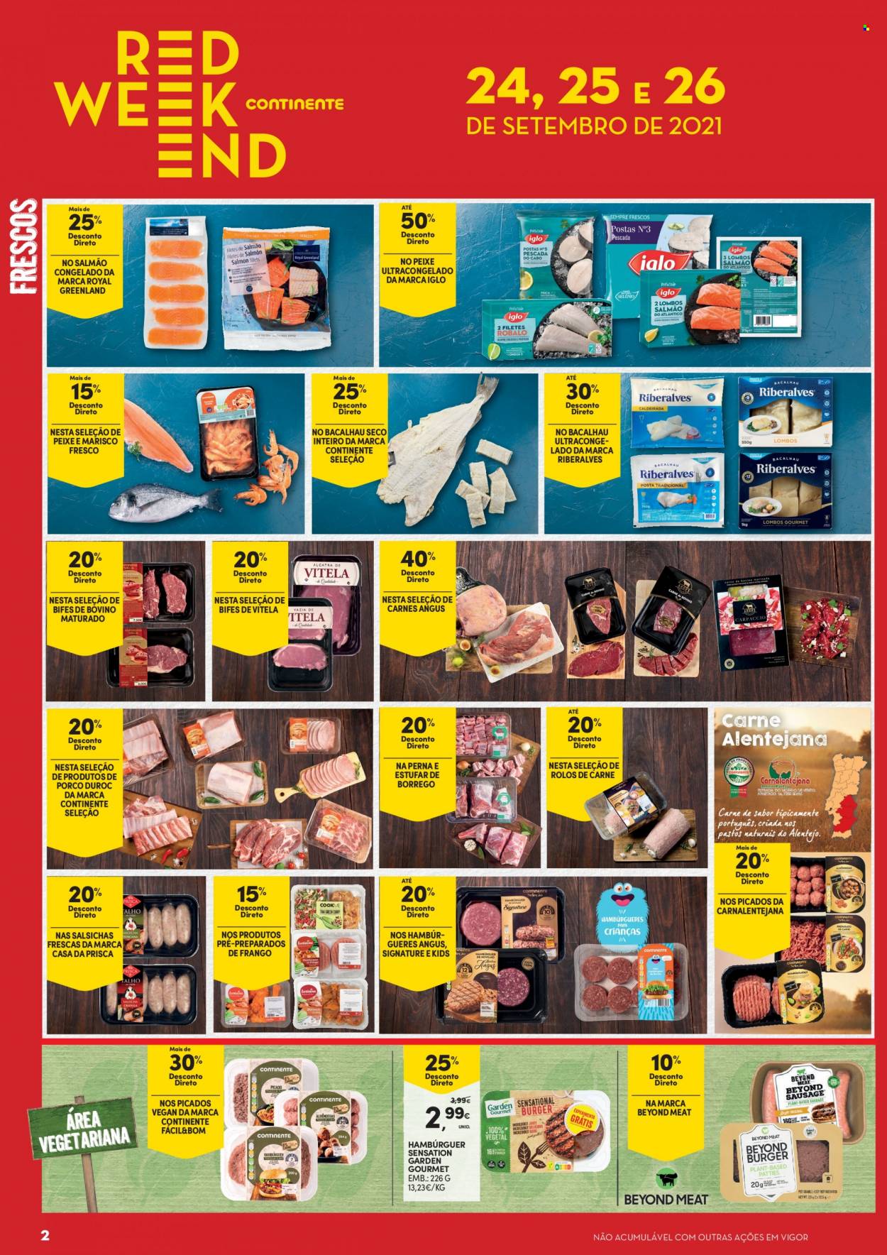 thumbnail - Folheto Continente - 24.9.2021 - 26.9.2021 - Produtos em promoção - bife, bovino maturado, hamburger, salmão, bacalhau, Iglo, marisco, salsicha. Página 2.