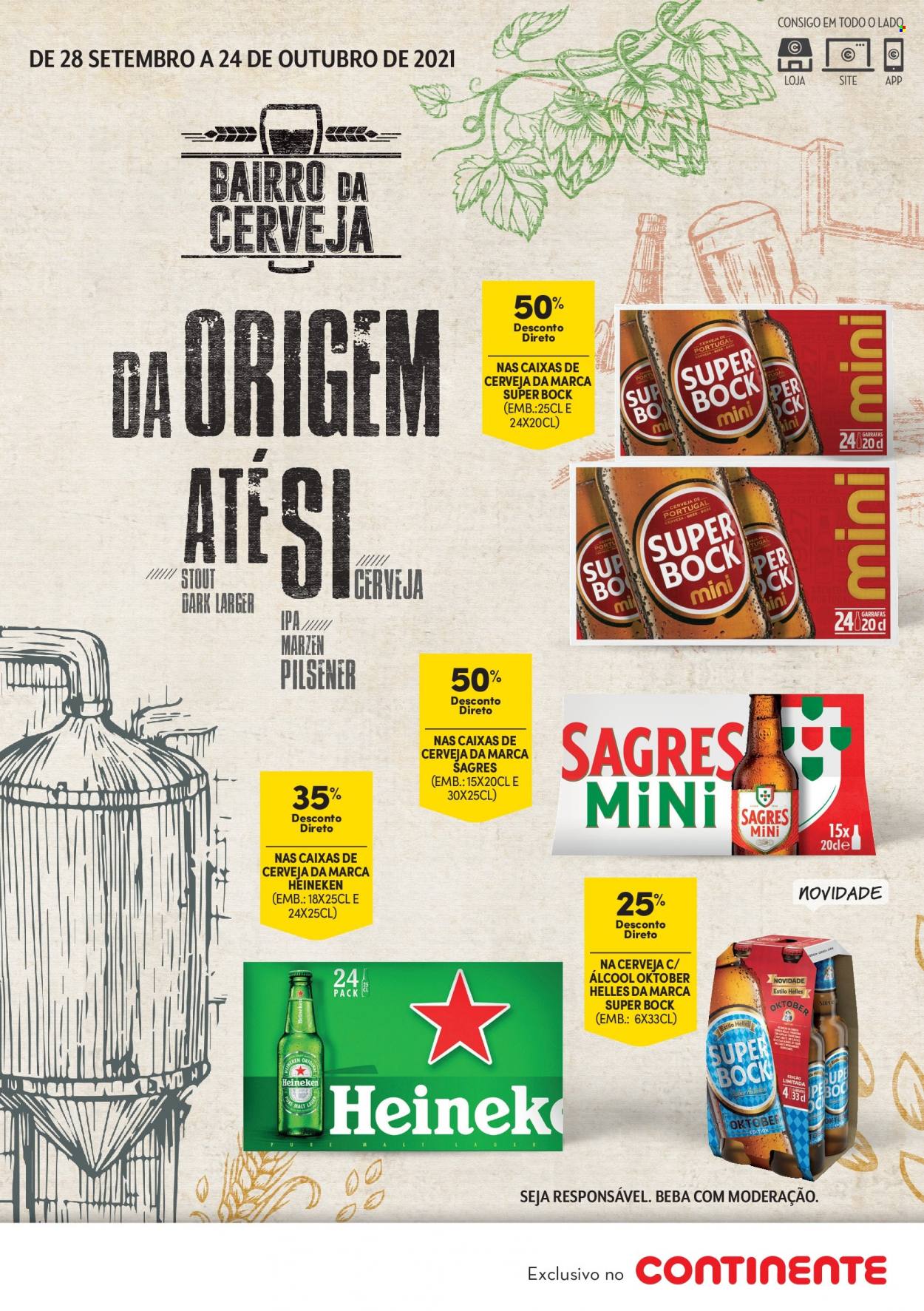 thumbnail - Folheto Continente - 28.9.2021 - 24.10.2021 - Produtos em promoção - Heineken, Sagres, Super Bock, cerveja. Página 1.