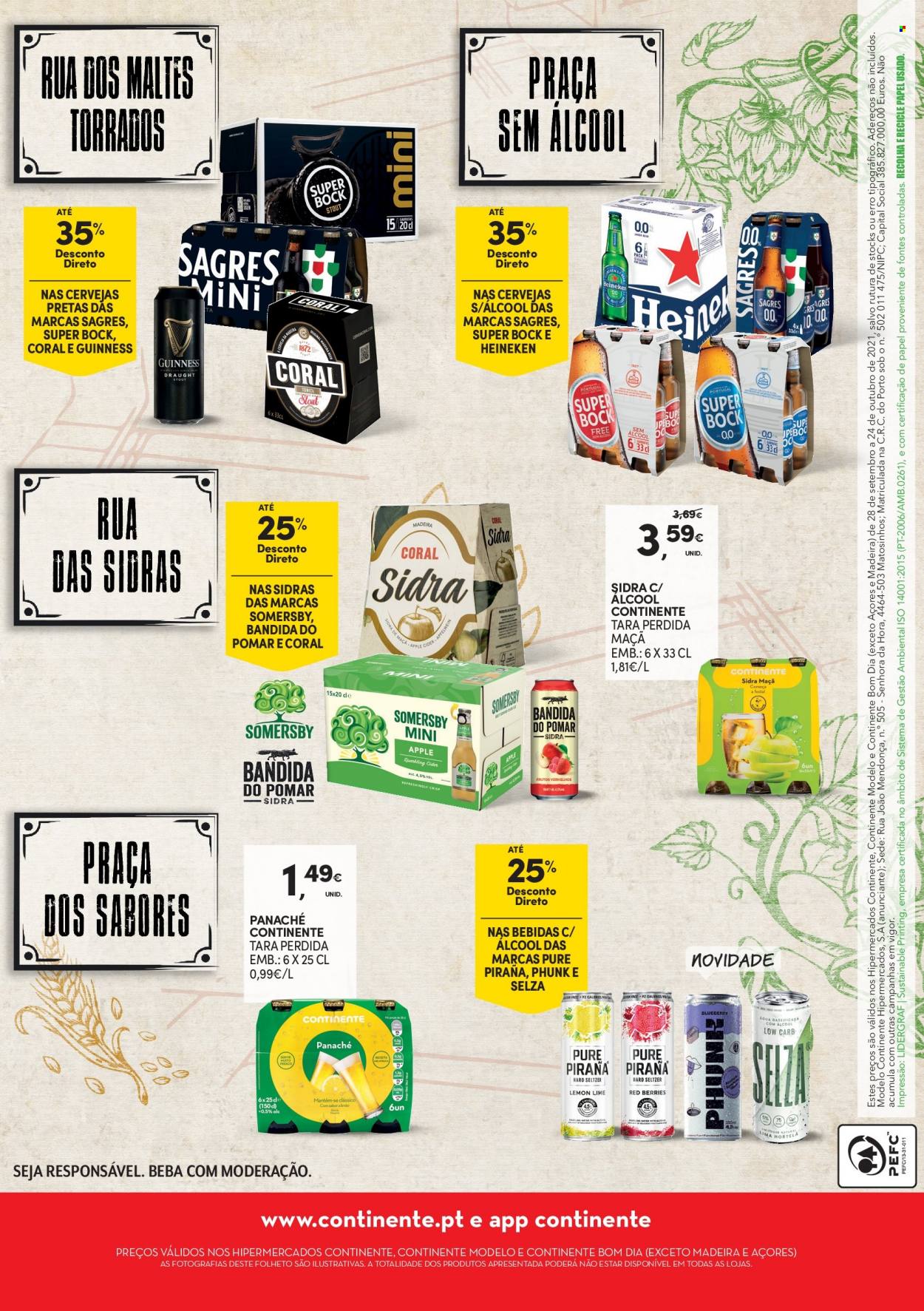 thumbnail - Folheto Continente - 28.9.2021 - 24.10.2021 - Produtos em promoção - Heineken, Sagres, Super Bock, cerveja, Somersby, Panaché, sidra. Página 4.
