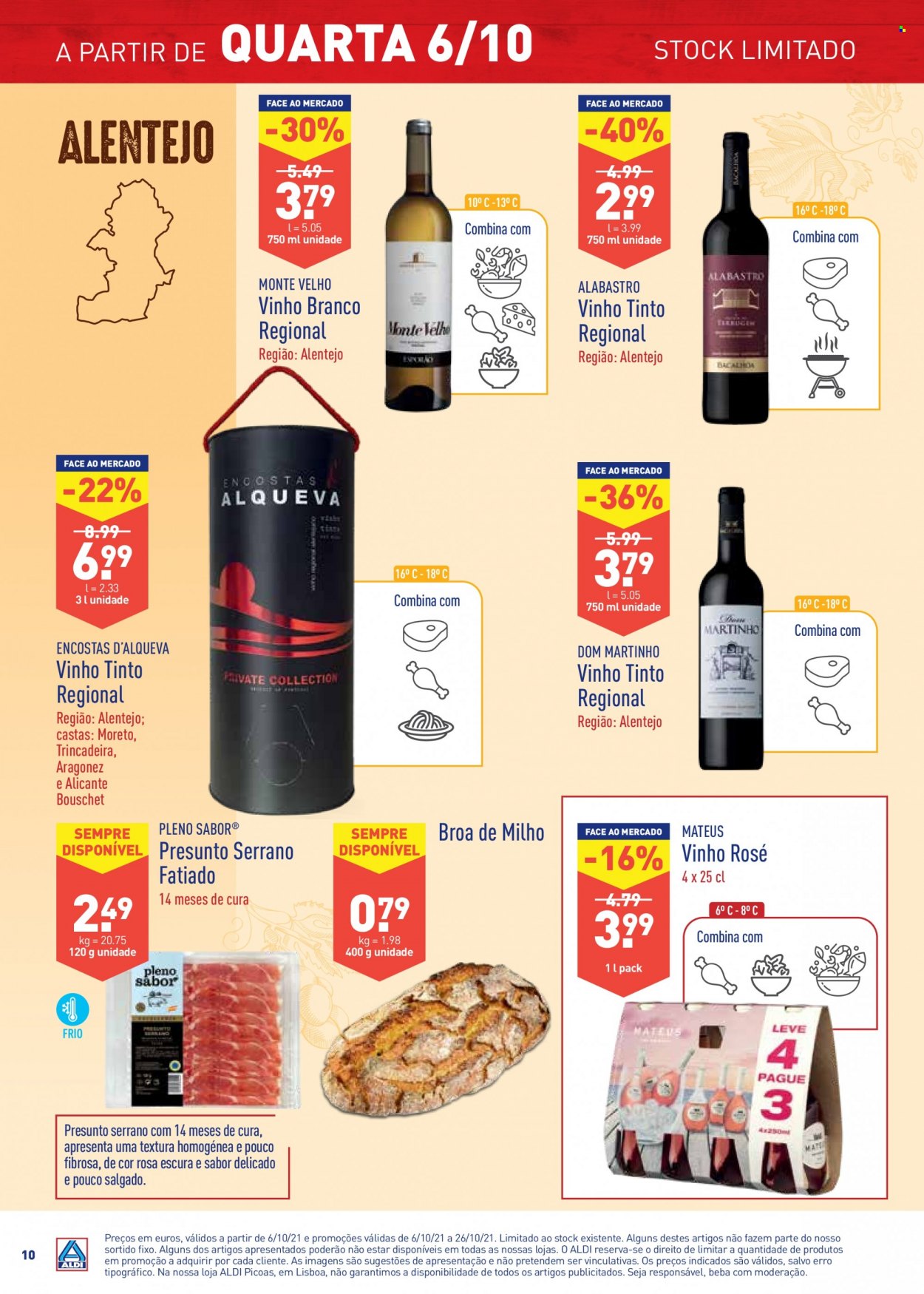 thumbnail - Folheto Aldi - 6.10.2021 - 26.10.2021 - Produtos em promoção - broa de milho, presunto, vinho, vinho branco, vinho tinto, vinho rosé. Página 10.