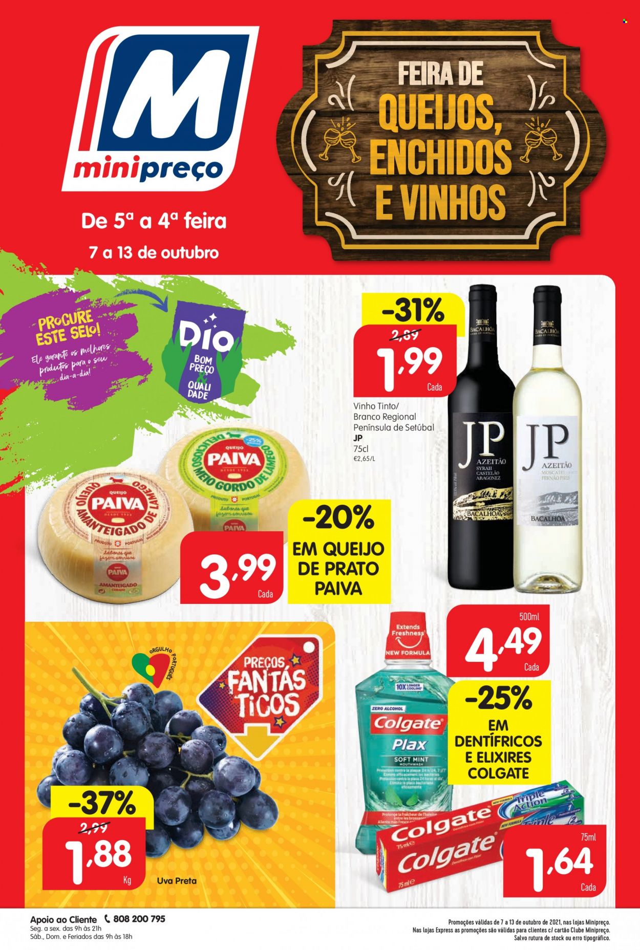 thumbnail - Folheto Minipreço - 7.10.2021 - 13.10.2021 - Produtos em promoção - uva, uva preta, vinho, vinho tinto, syrah, Colgate. Página 1.