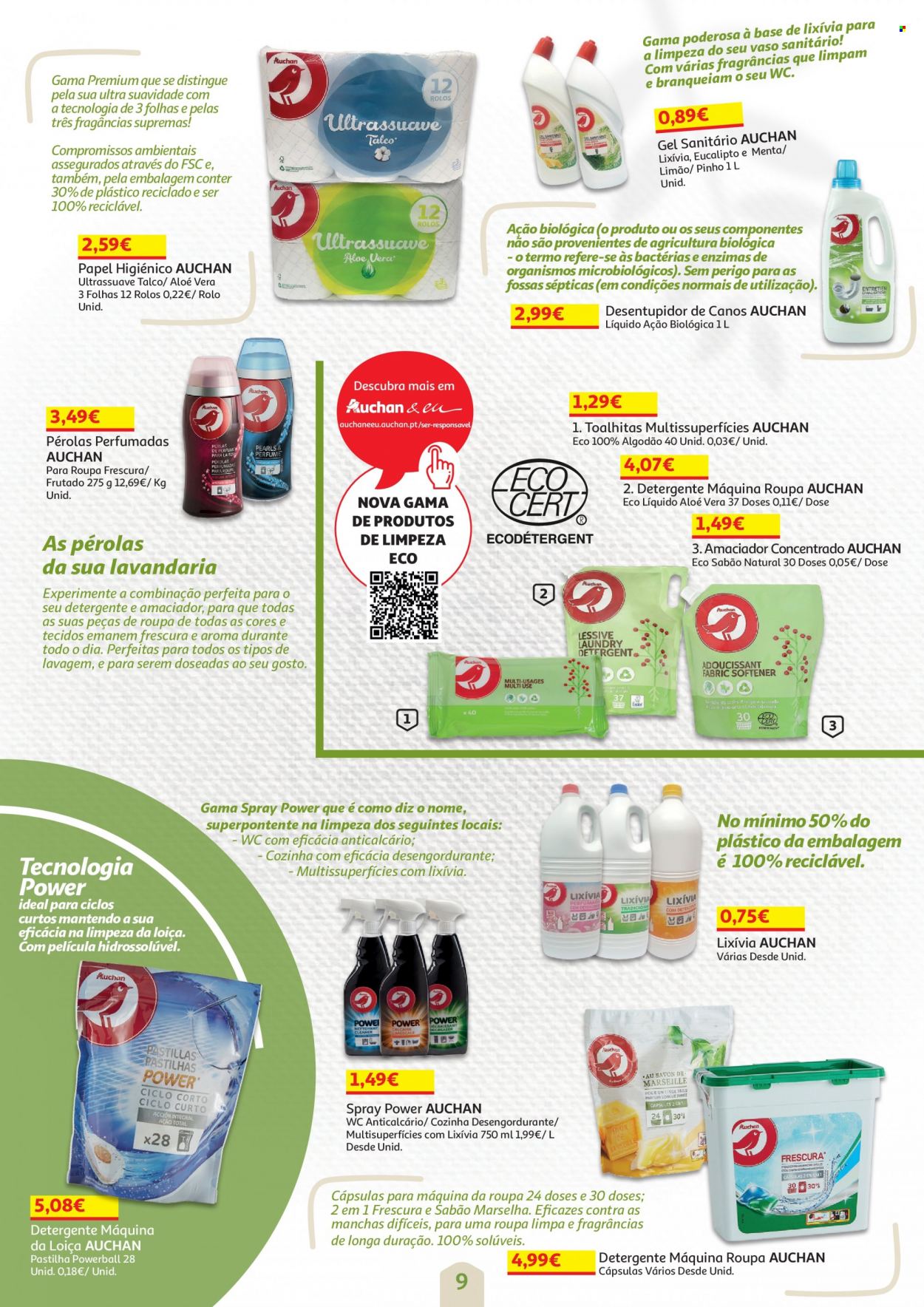 thumbnail - Folheto Auchan - 1.10.2021 - 28.10.2021 - Produtos em promoção - toalha umedecida, talco, papel higiénico, desengordurante, detergente, sabão, amaciador. Página 9.