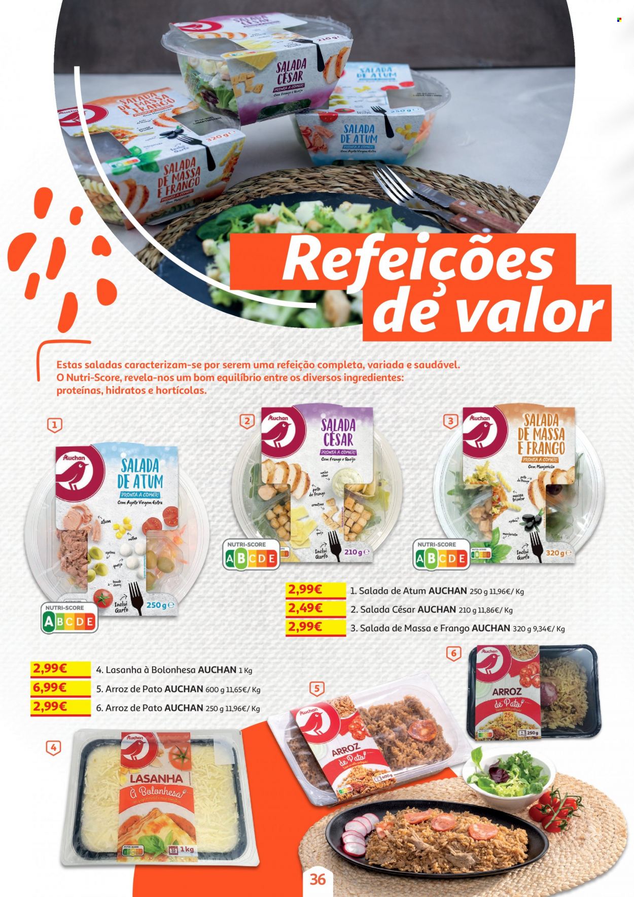thumbnail - Folheto Auchan - 1.10.2021 - 28.10.2021 - Produtos em promoção - salada, milho, croutons, atum, lasanha, arroz de pato, salada césar, queijo, salada de atum, manjericão, garfo. Página 36.