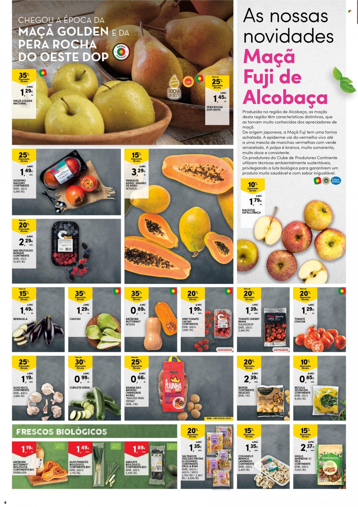 thumbnail - Folheto Continente - 12.10.2021 - 18.10.2021 - Produtos em promoção - papaia, mamão, minitomate, chuchu, alho, alho-poró, rúcula, legumes, beringela, curgete, tomate cherry, cogumelo. Página 4.