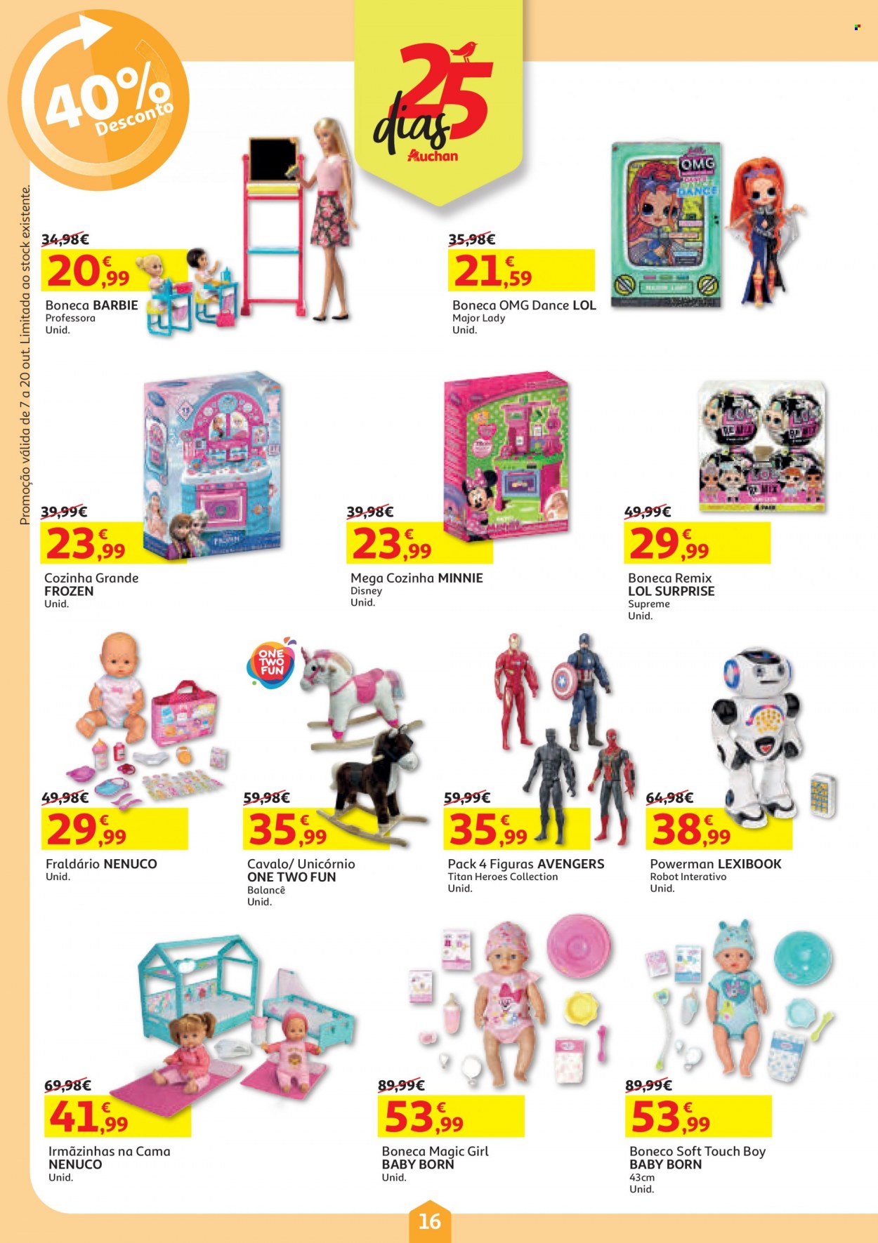 thumbnail - Folheto Auchan - 7.10.2021 - 20.10.2021 - Produtos em promoção - Avengers, Frozen, Disney, Minnie, unicórnio, Barbie, Baby Born, boneca, Lexibook. Página 16.