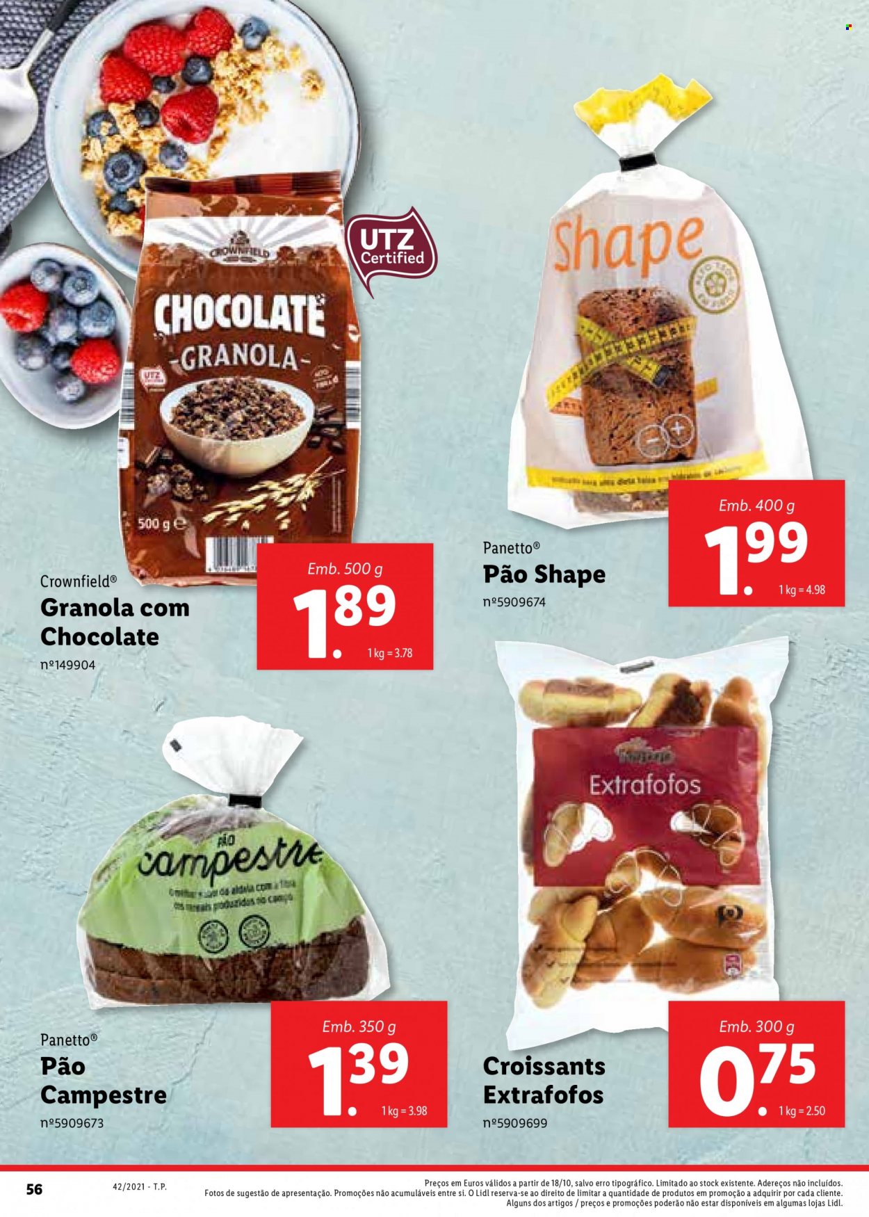 thumbnail - Folheto Lidl - Produtos em promoção - pão, croissant, chocolate, granola. Página 56.
