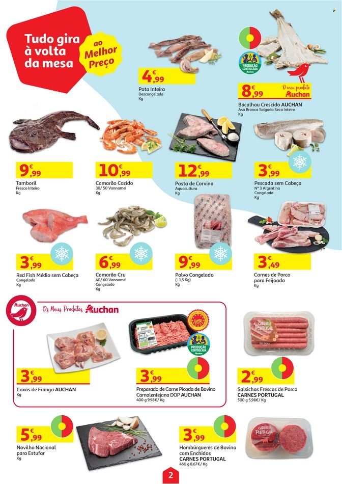 thumbnail - Folheto Auchan - 20.10.2021 - 26.10.2021 - Produtos em promoção - coxas de frango, perna de frango, hamburger, carne moída, camarão, bacalhau, polvo, corvina, salsicha. Página 2.