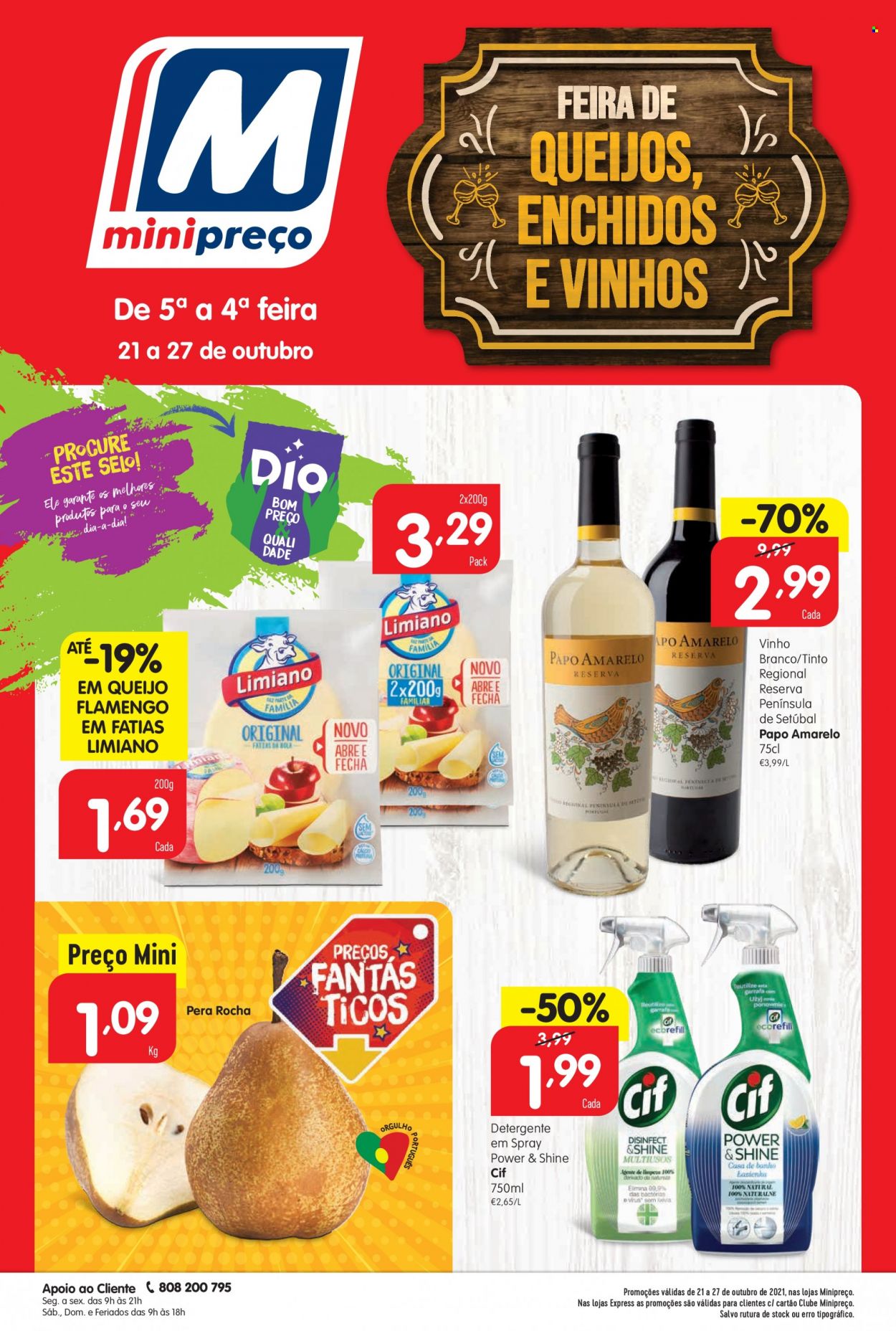 thumbnail - Folheto Minipreço - 21.10.2021 - 27.10.2021 - Produtos em promoção - queijo flamengo, vinho, detergente, Cif, garrafa. Página 1.