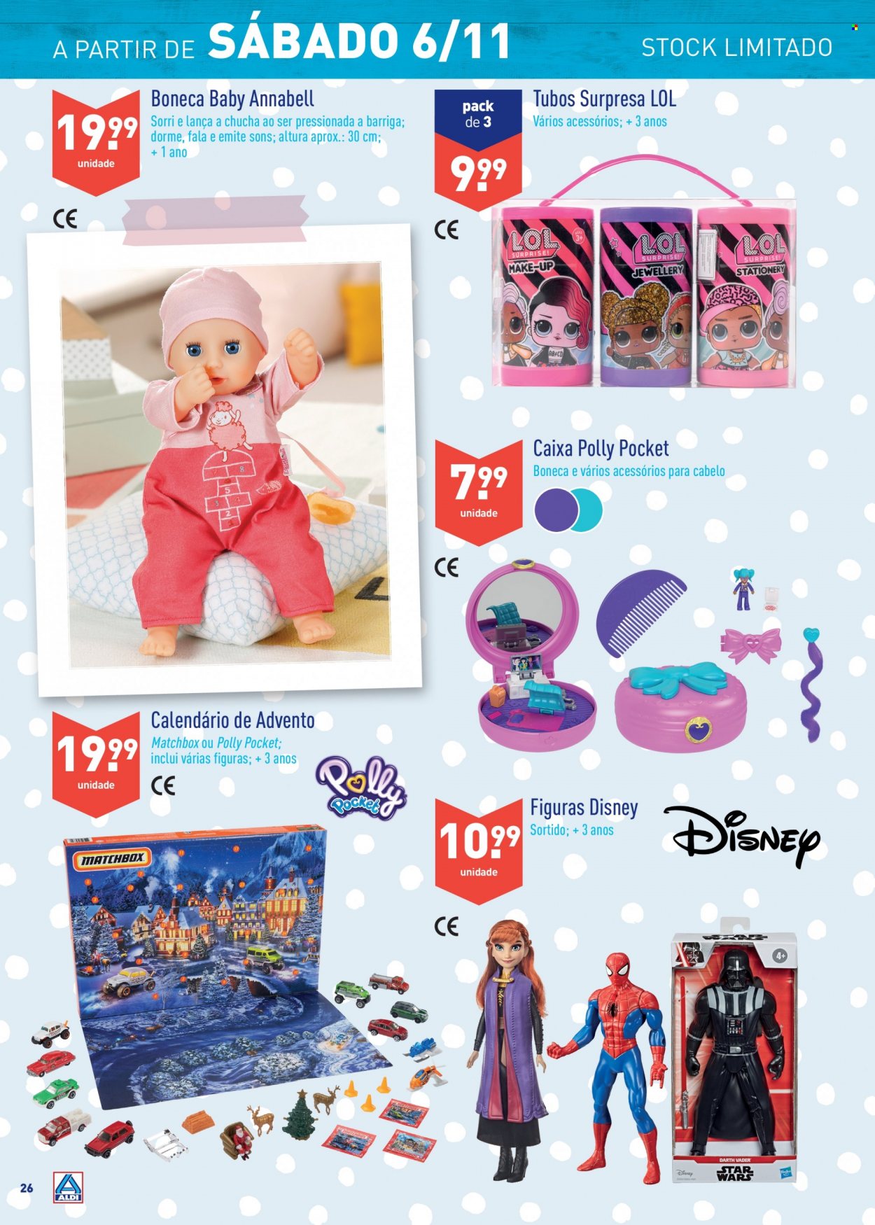 thumbnail - Folheto Aldi - 3.11.2021 - 9.11.2021 - Produtos em promoção - Disney, Baby Annabell, boneca, Polly Pocket. Página 26.