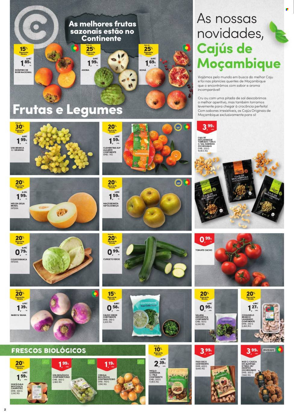 thumbnail - Folheto Continente Bom Dia - 26.10.2021 - 1.11.2021 - Produtos em promoção - maçã, melão, uva, uva branca, caju, clementinas, salada, caldo verde, cogumelo, amêndoa, aperitivo. Página 2.