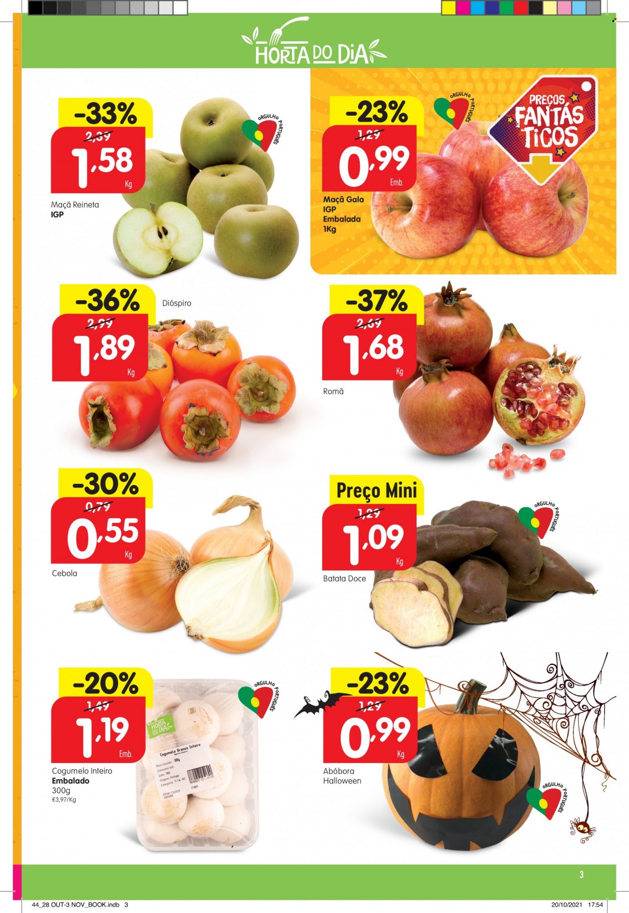 thumbnail - Folheto Minipreço - 28.10.2021 - 3.11.2021 - Produtos em promoção - maçã, batata-doce, abóbora, cebola, cogumelo. Página 3.