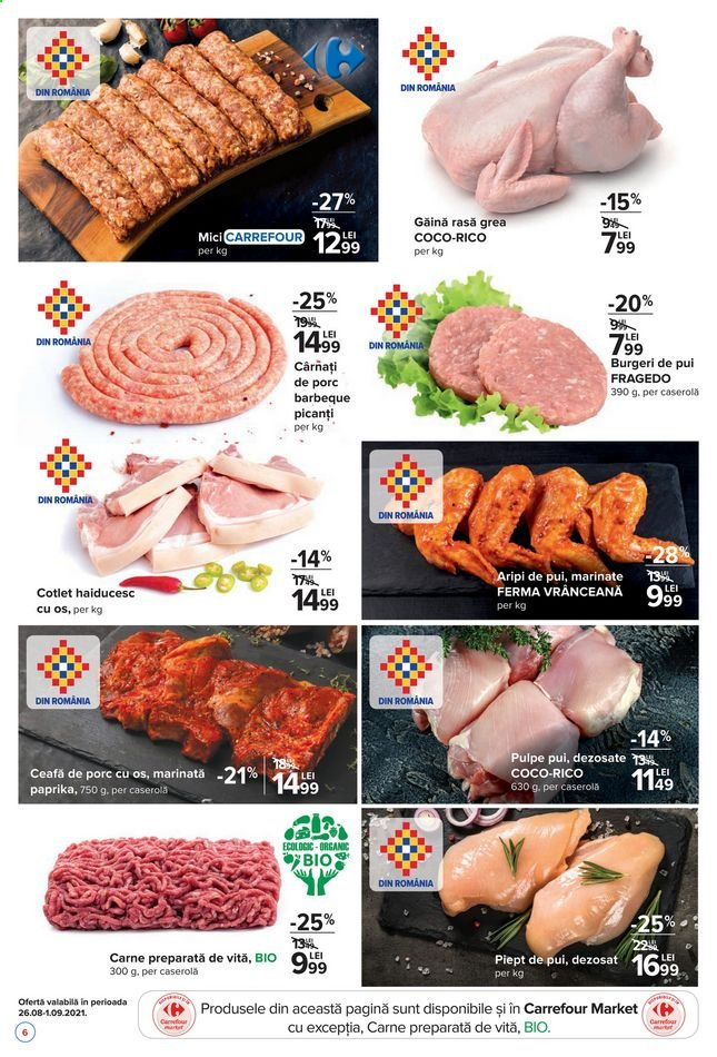 thumbnail - Cataloage Carrefour - 26.08.2021 - 01.09.2021 - Produse în vânzare - pulpe de pui, piept de pui, aripi de pui, carne de pui, cârnați de porc, carne de porc, ceafă de porc, cotlet haiducesc, cârnaţi. Pagina 4.