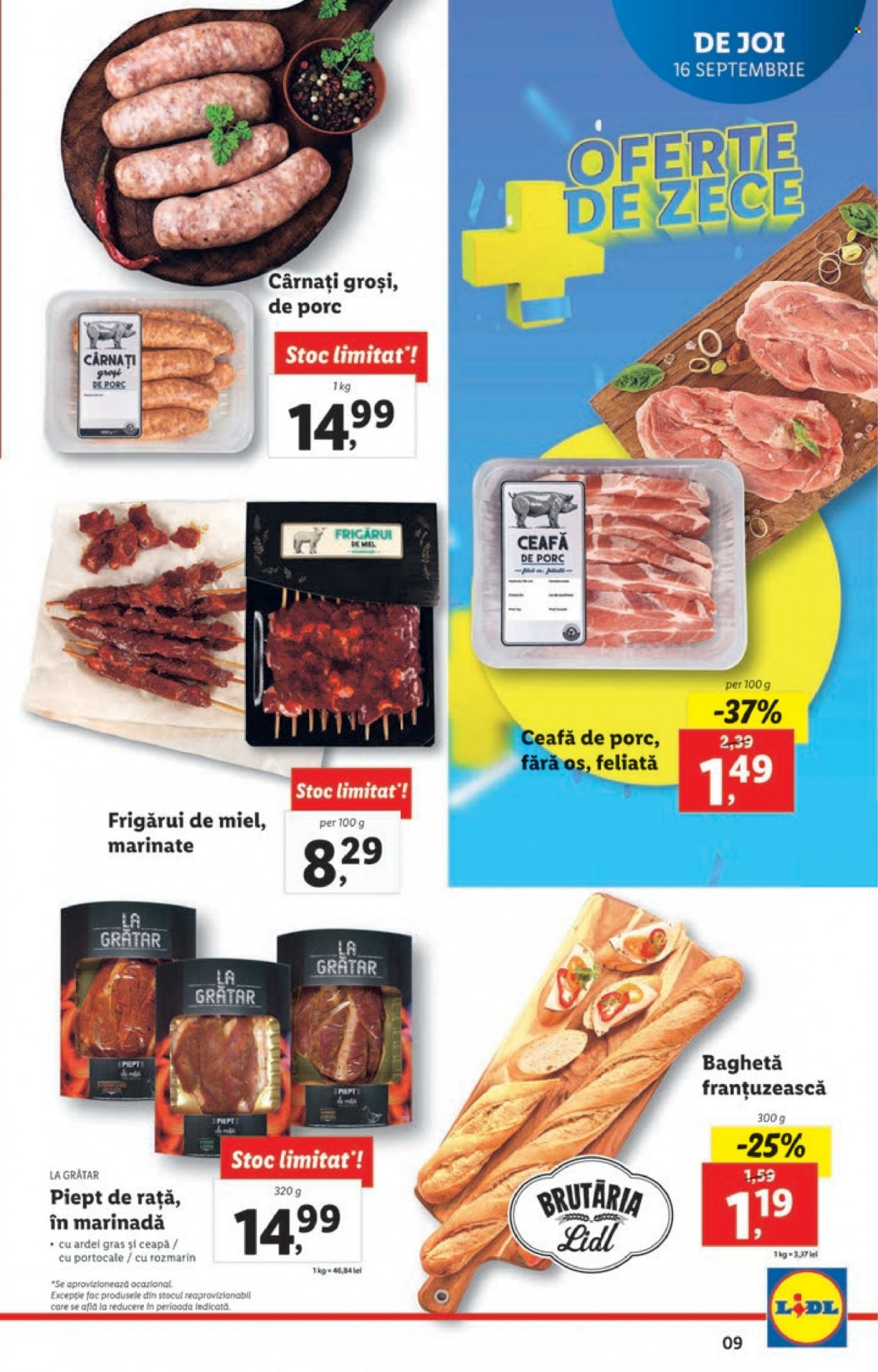 thumbnail - Cataloage Lidl - 13.09.2021 - 19.09.2021 - Produse în vânzare - baghetă, ardei gras, piept de rață, carne de porc, ceafă de porc, cârnaţi. Pagina 9.