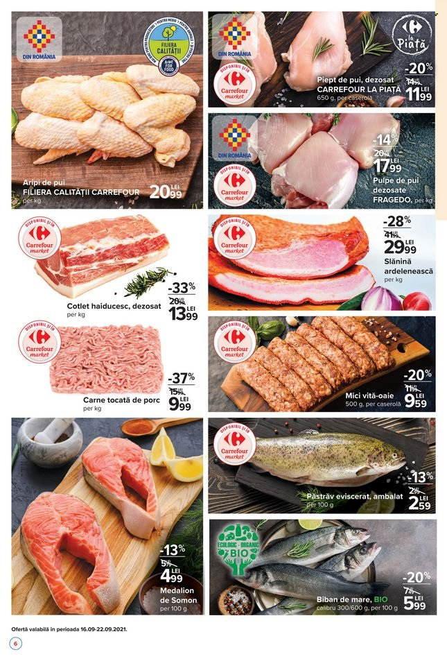 thumbnail - Cataloage Carrefour - 16.09.2021 - 22.09.2021 - Produse în vânzare - pulpe de pui, piept de pui, aripi de pui, carne de pui, mici de vită, carne tocată, biban vărgat, păstrăv, cotlet haiducesc, slănină afumată. Pagina 4.