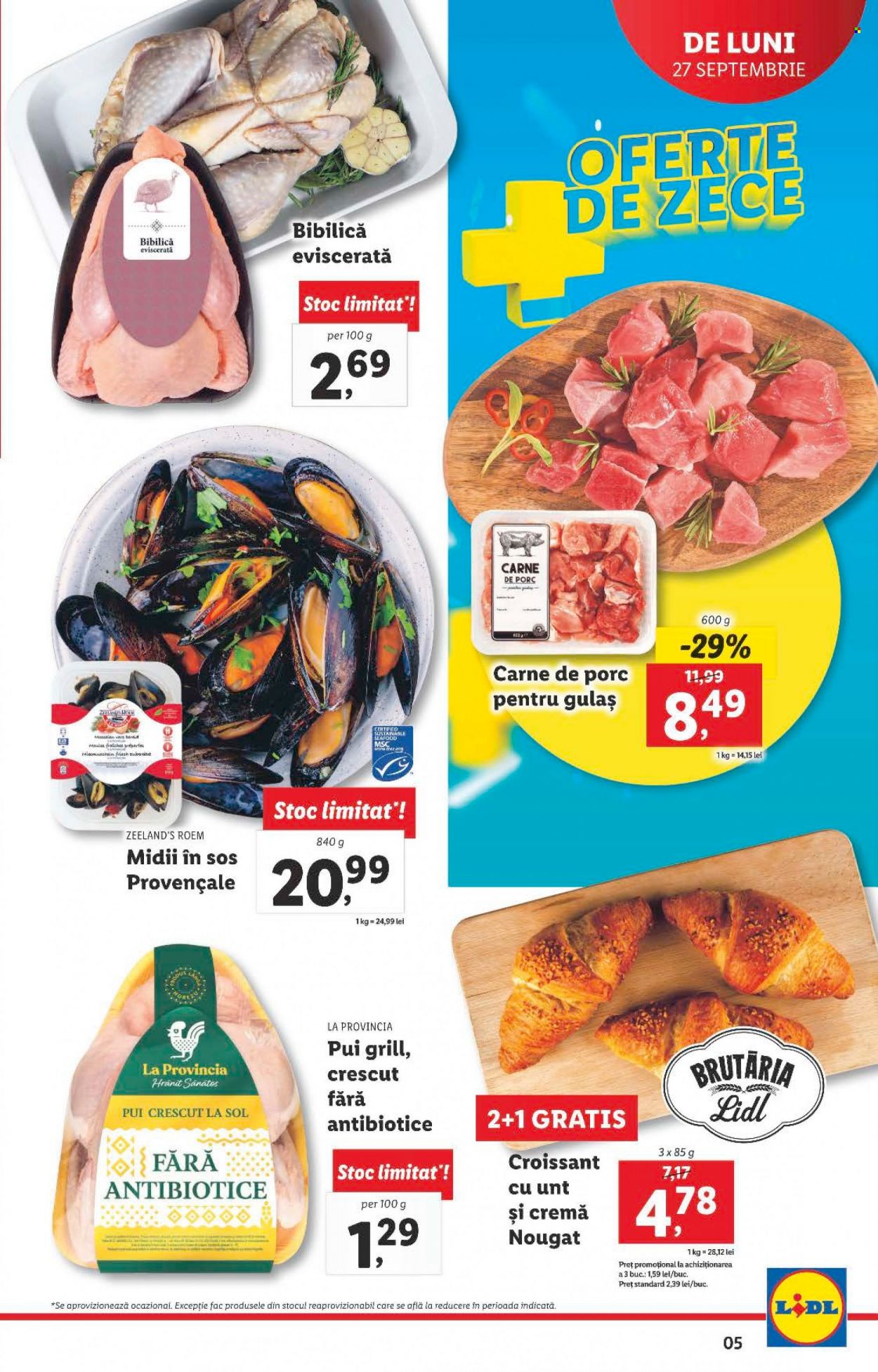 thumbnail - Cataloage Lidl - 27.09.2021 - 03.10.2021 - Produse în vânzare - croissant, pui întreg, carne de pui, carne de porc, midii, cremă. Pagina 5.