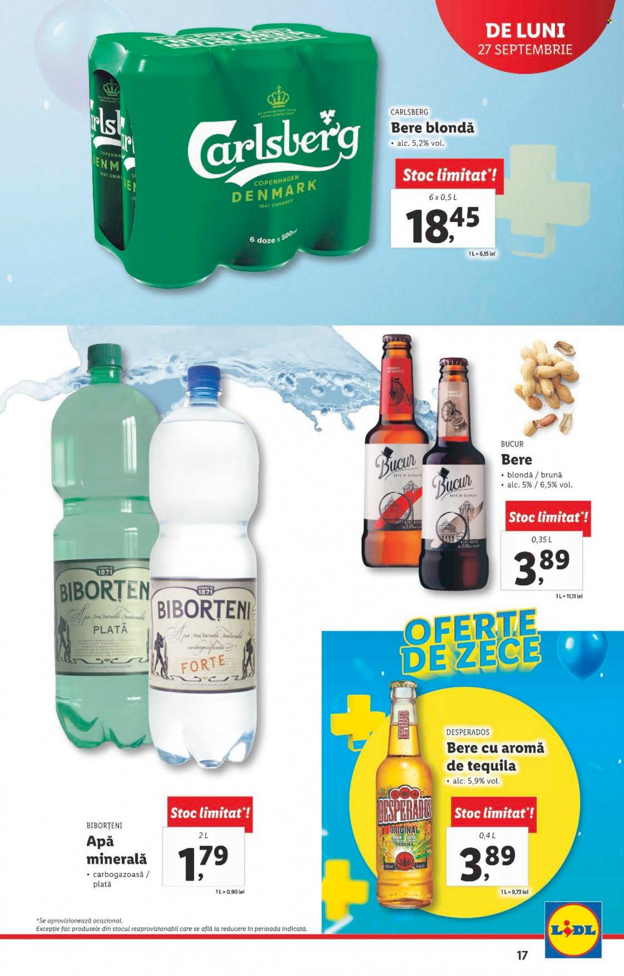 thumbnail - Cataloage Lidl - 27.09.2021 - 03.10.2021 - Produse în vânzare - Desperados, bere blondă, alcool, bere, Carlsberg, apă minerală, tequila. Pagina 17.
