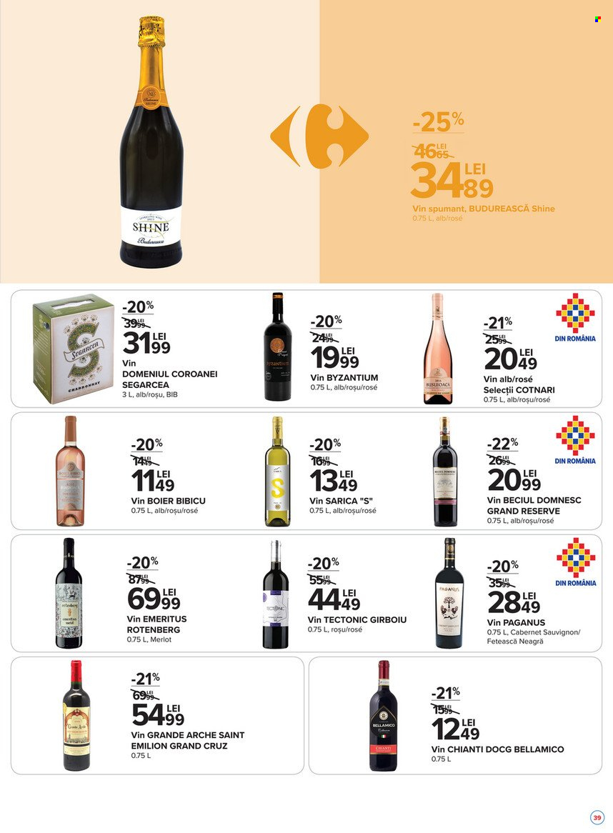 thumbnail - Cataloage Carrefour - 21.10.2021 - 03.11.2021 - Produse în vânzare - alcool, Chianti, Cabernet Sauvignon, Fetească Neagră, Merlot, vin alb, vin roşu, Budureasca, vin, vin spumant. Pagina 39.