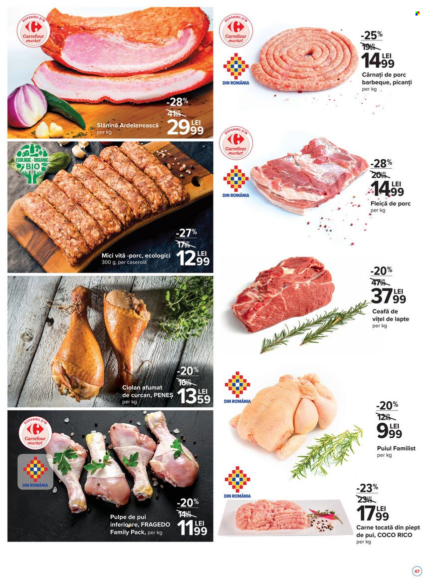 thumbnail - Cataloage Carrefour - 21.10.2021 - 03.11.2021 - Produse în vânzare - pulpe de pui, carne de viţel, cârnați de porc, mici de vită, carne tocată, slănină afumată, cârnaţi, ciolan afumat, lapte. Pagina 47.