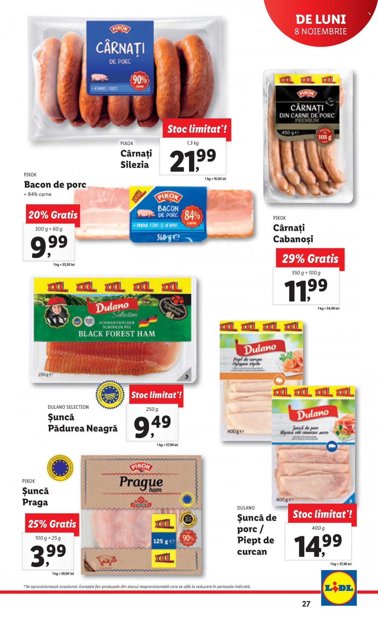 thumbnail - Cataloage Lidl - 08.11.2021 - 14.11.2021 - Produse în vânzare - cârnați de porc, bacon, șuncă, şuncă praga, Pădurea Neagră, cârnaţi. Pagina 27.