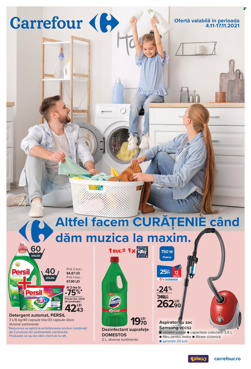 thumbnail - Cataloage Carrefour - 04.11.2021 - 17.11.2021 - Produse în vânzare - Samsung, detergent, Domestos, dezinfectare, detergent automat, Persil, aspirator, aspirator cu sac. Pagina 1.