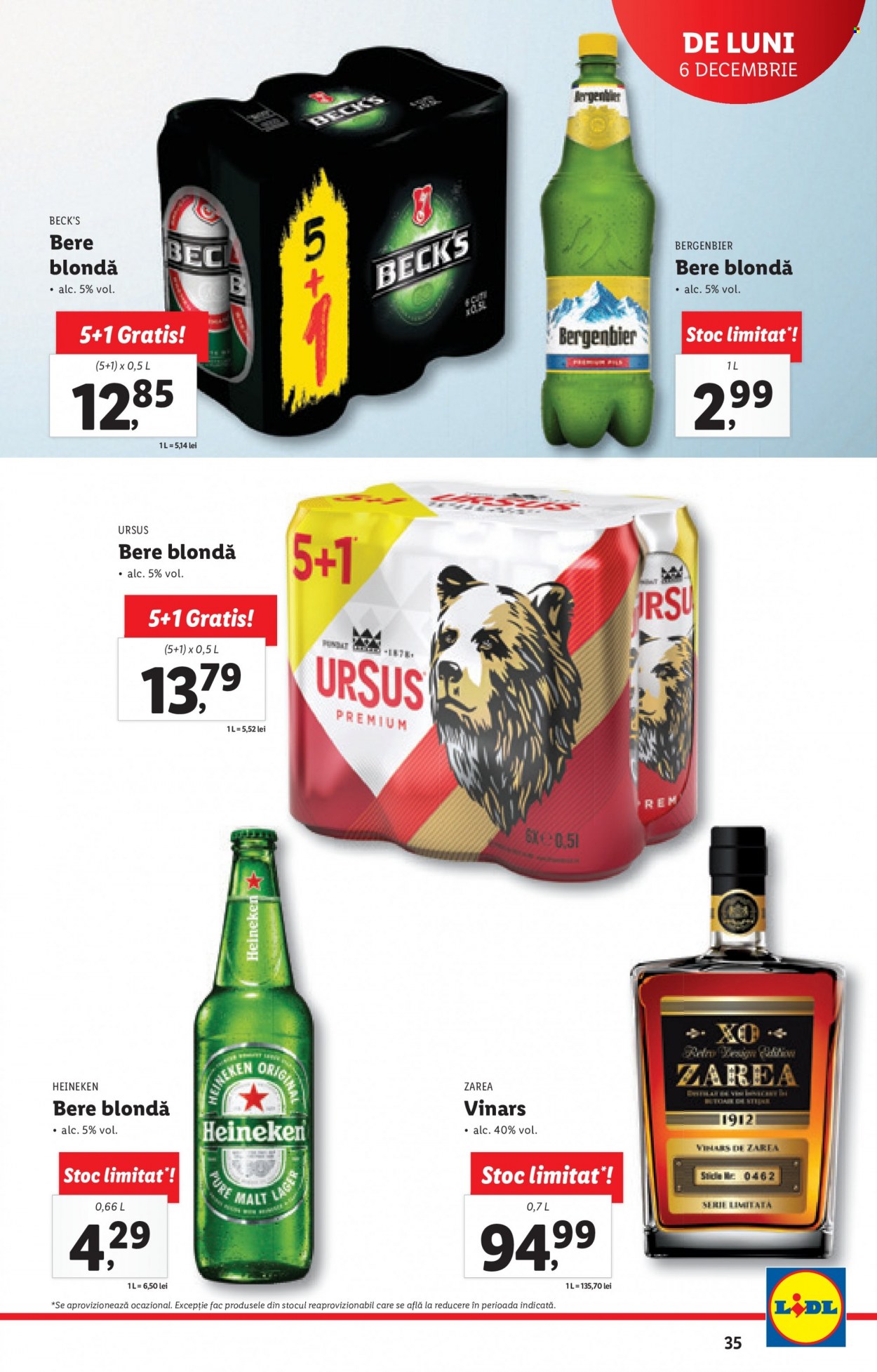 thumbnail - Cataloage Lidl - 06.12.2021 - 12.12.2021 - Produse în vânzare - bere blondă, Bergenbier, Ursus, alcool, Heineken, bere, brandy, bec. Pagina 35.