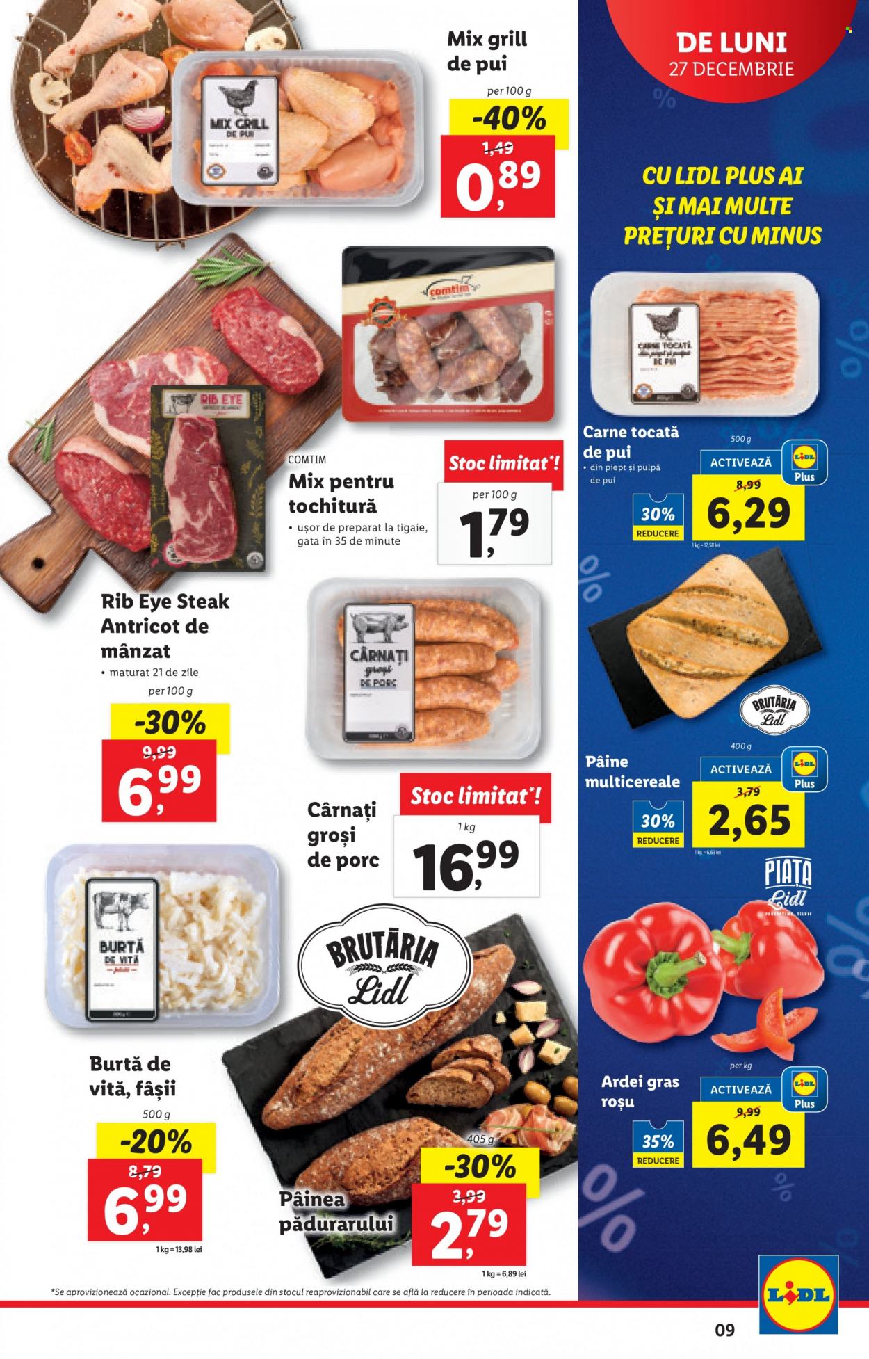 thumbnail - Cataloage Lidl - 27.12.2021 - 02.01.2022 - Produse în vânzare - pâine, ardei, ardei gras, carne de pui, steak, cârnați de porc, carne tocată, cârnaţi, tigaie. Pagina 9.