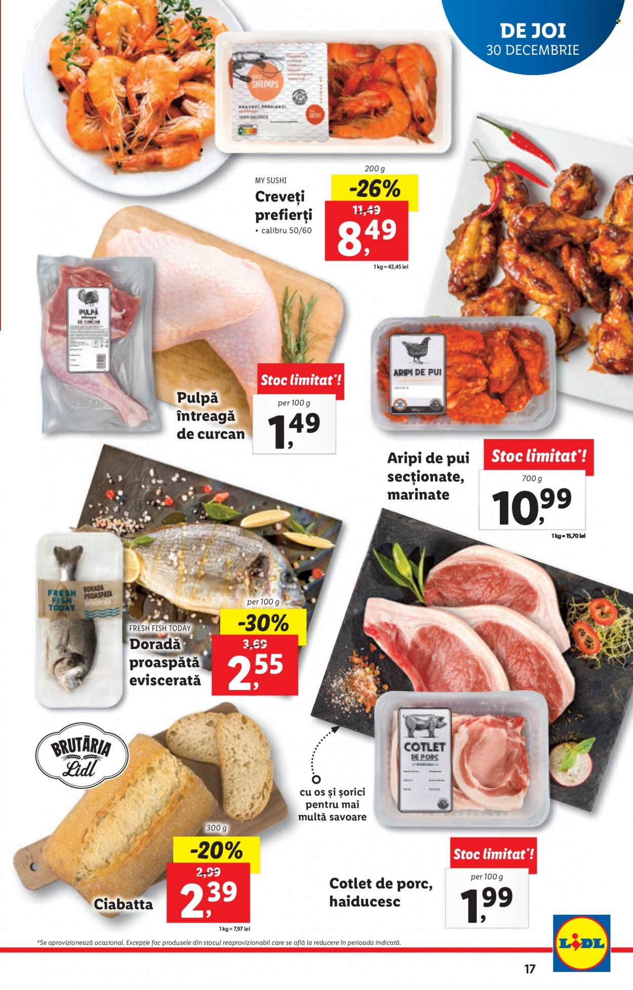 thumbnail - Cataloage Lidl - 27.12.2021 - 02.01.2022 - Produse în vânzare - ciabatta, aripi de pui, carne de pui, cotlet de porc, creveți, doradă regală, sushi. Pagina 17.