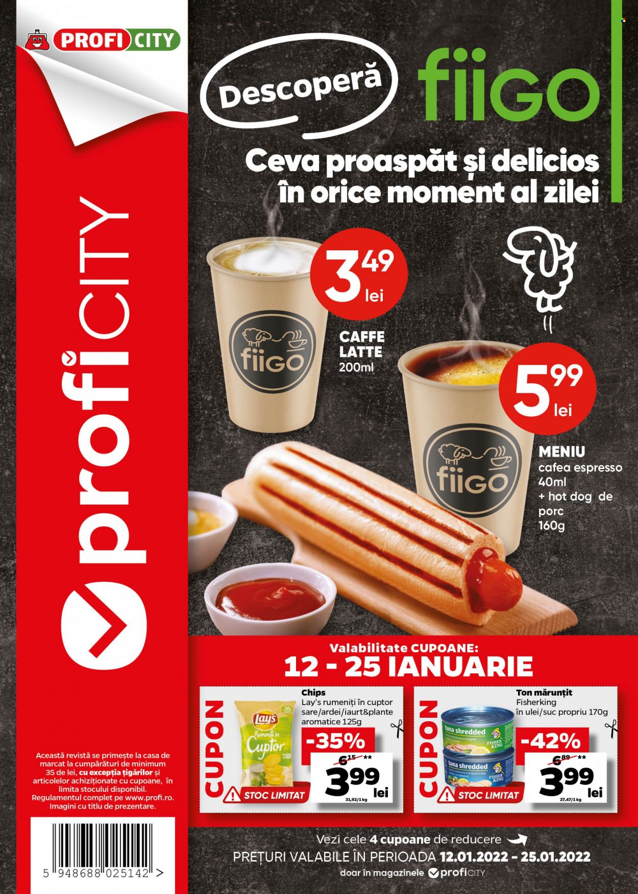 thumbnail - Cataloage Profi City - 12.01.2022 - 25.01.2022 - Produse în vânzare - ardei, hot dog, iaurt, chips, Lay's, ton maruntit, suc, espresso, cafea, plante. Pagina 1.