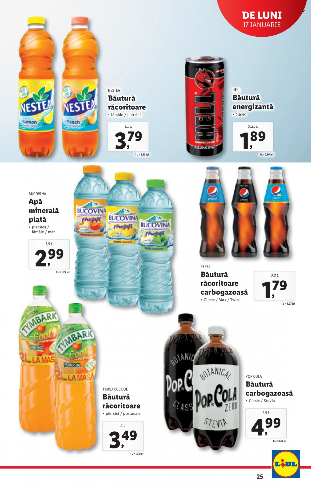 thumbnail - Cataloage Lidl - 17.01.2022 - 23.01.2022 - Produse în vânzare - băutură răcoritoare, Pepsi, băutură carbogazoată, apă minerală. Pagina 25.