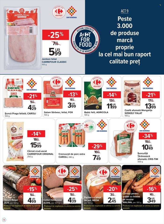 thumbnail - Cataloage Carrefour - 12.05.2022 - 25.05.2022 - Produse în vânzare - salam, șuncă, şuncă praga, cotlet haiducesc, parizer, jambon feliat, salam sârbesc, crenvurști, cârnaţi, ceafă afumată. Pagina 6.