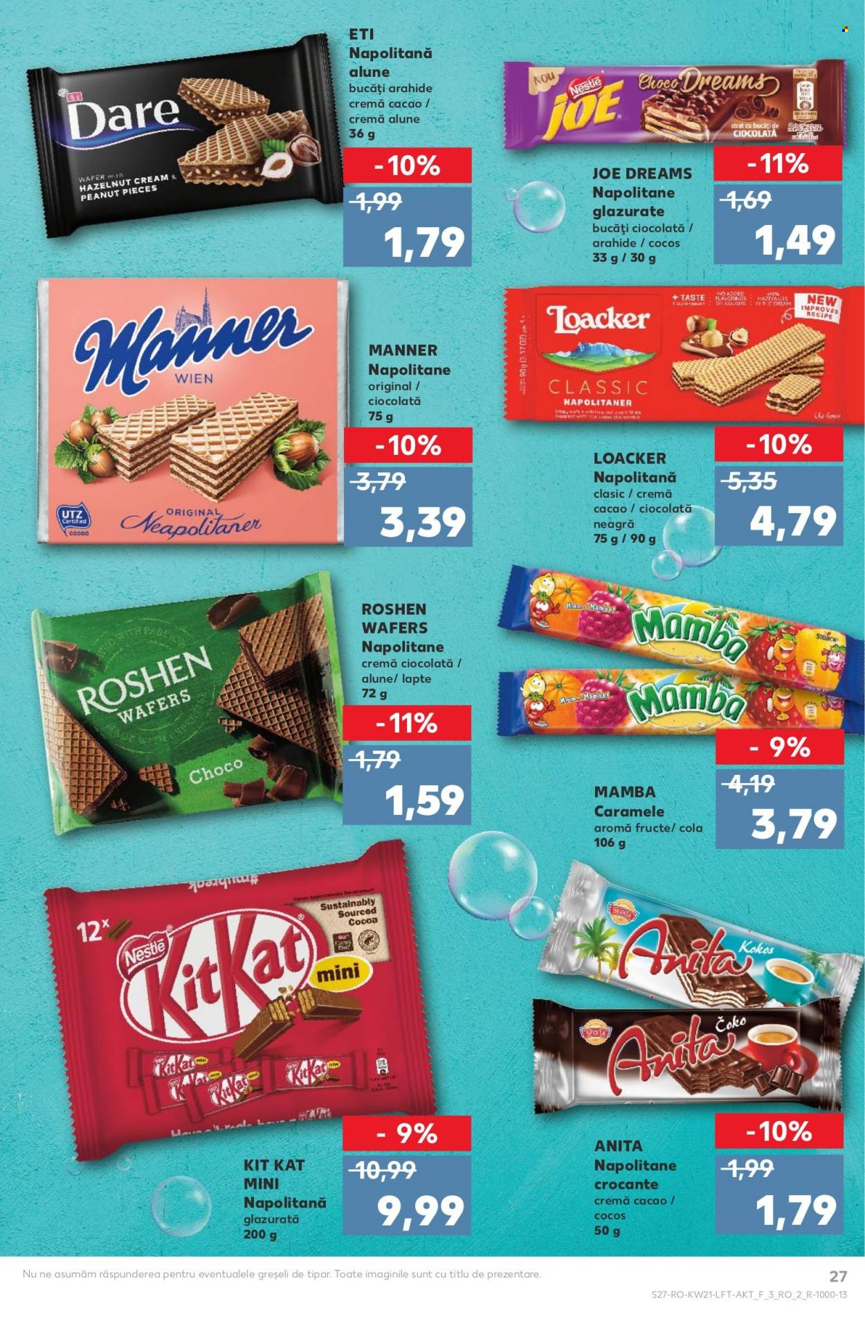 thumbnail - Cataloage Kaufland - 25.05.2022 - 31.05.2022 - Produse în vânzare - cocos, ciocolată neagră, Nestlé, napolitane, Manner, caramele, arahide. Pagina 27.