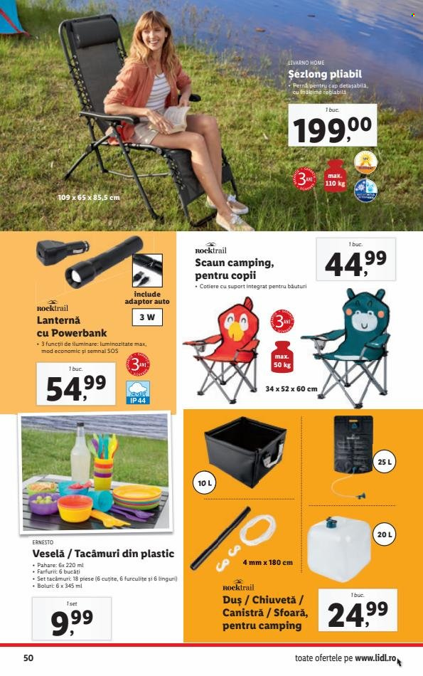 thumbnail - Cataloage Lidl - 20.06.2022 - 26.06.2022 - Produse în vânzare - pahare, set tacâmuri, boluri, pernă, scaun, sezlong, lanternă, scaun camping. Pagina 50.