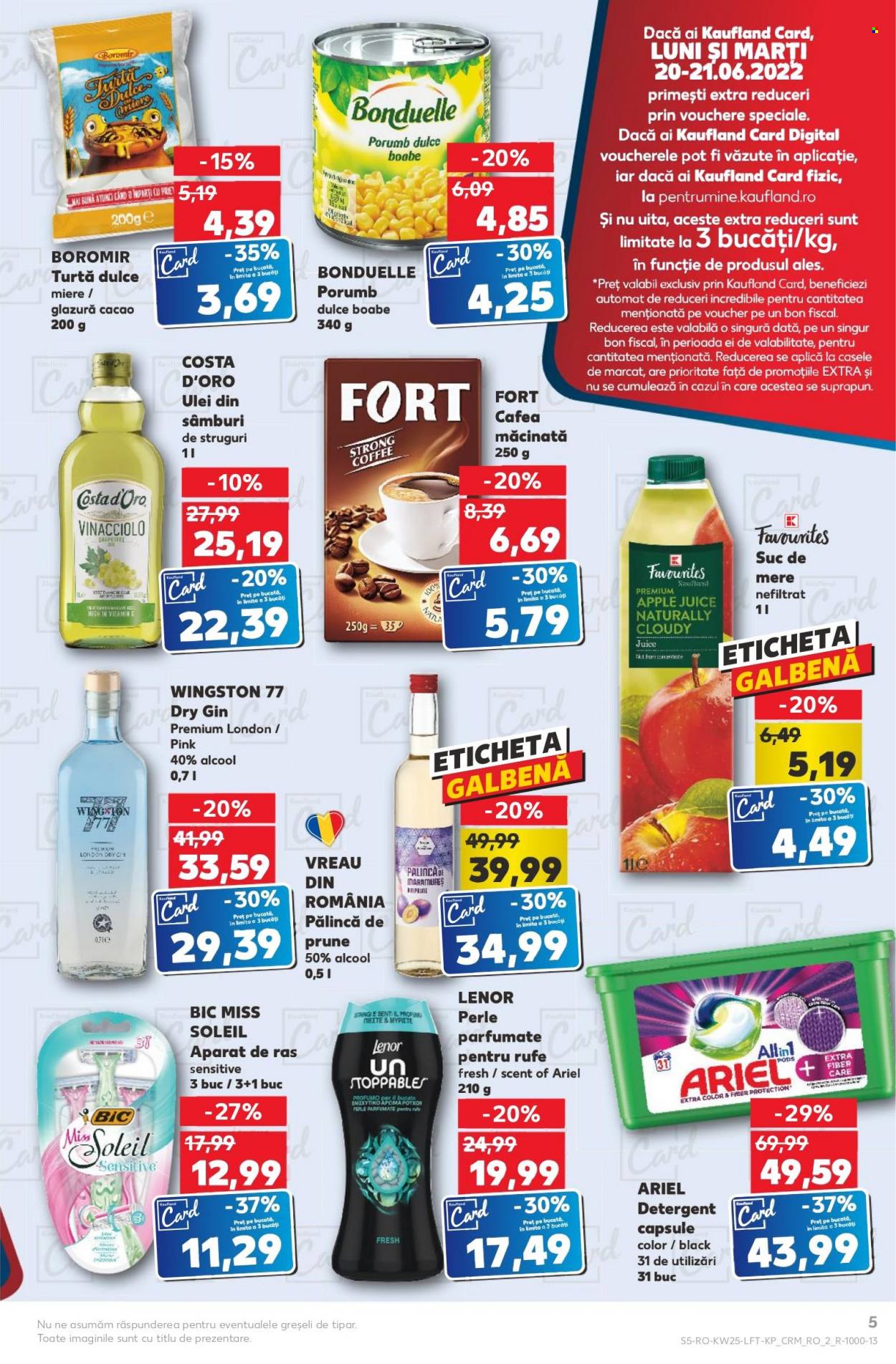 thumbnail - Cataloage Kaufland - 22.06.2022 - 28.06.2022 - Produse în vânzare - alcool, turtă dulce, porumb, mere, Bonduelle, cacao, ulei, miere, suc, cafea măcinată, cafea, gin, palincă, detergent, Ariel, detergent capsule, Lenor, Apple, aparat de ras. Pagina 5.