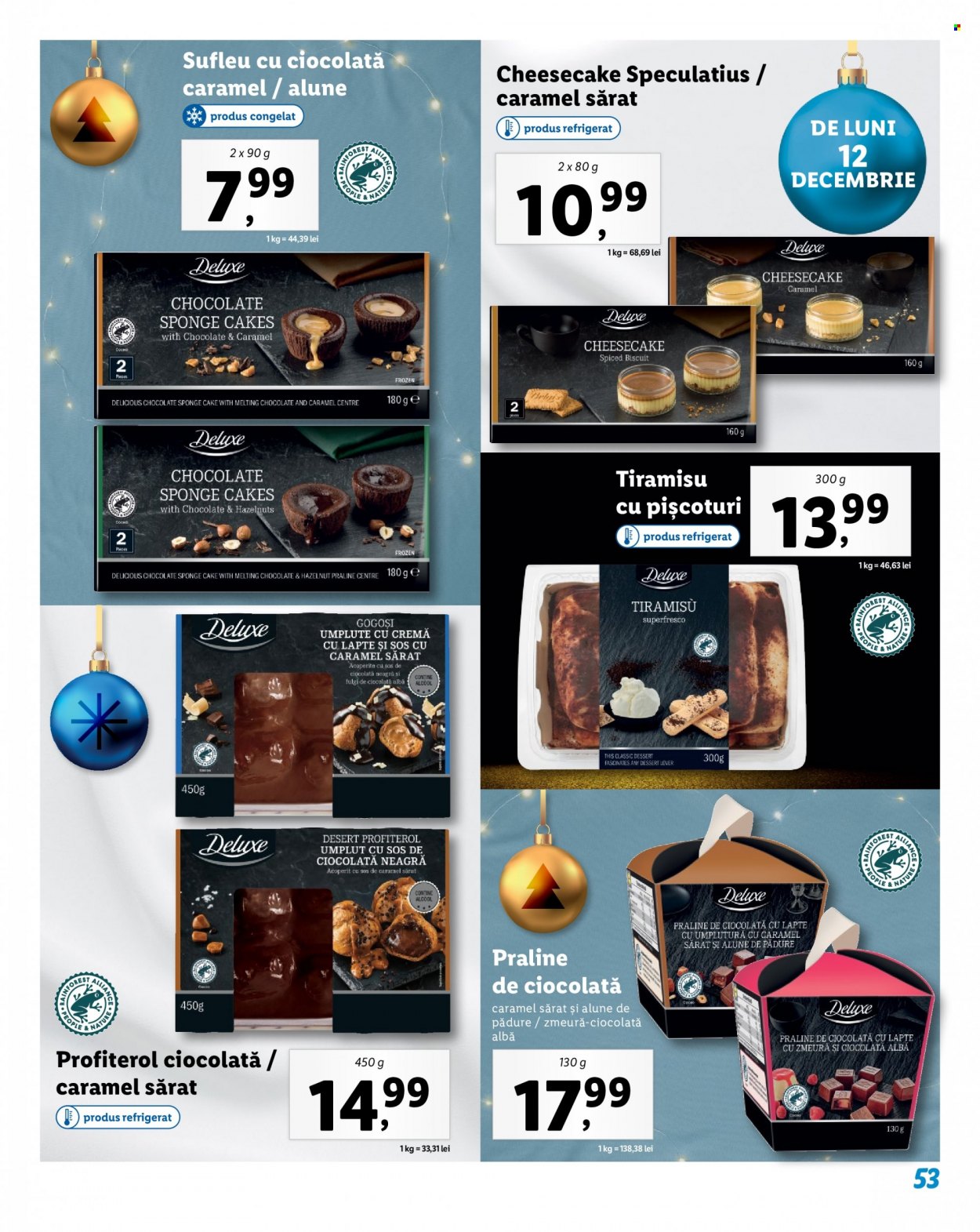 thumbnail - Cataloage Lidl - 14.11.2022 - 31.12.2022 - Produse în vânzare - pișcoturi, tiramisu, profiterol, sufleu cu ciocolată, ciocolată neagră, praline, cacao. Pagina 53.