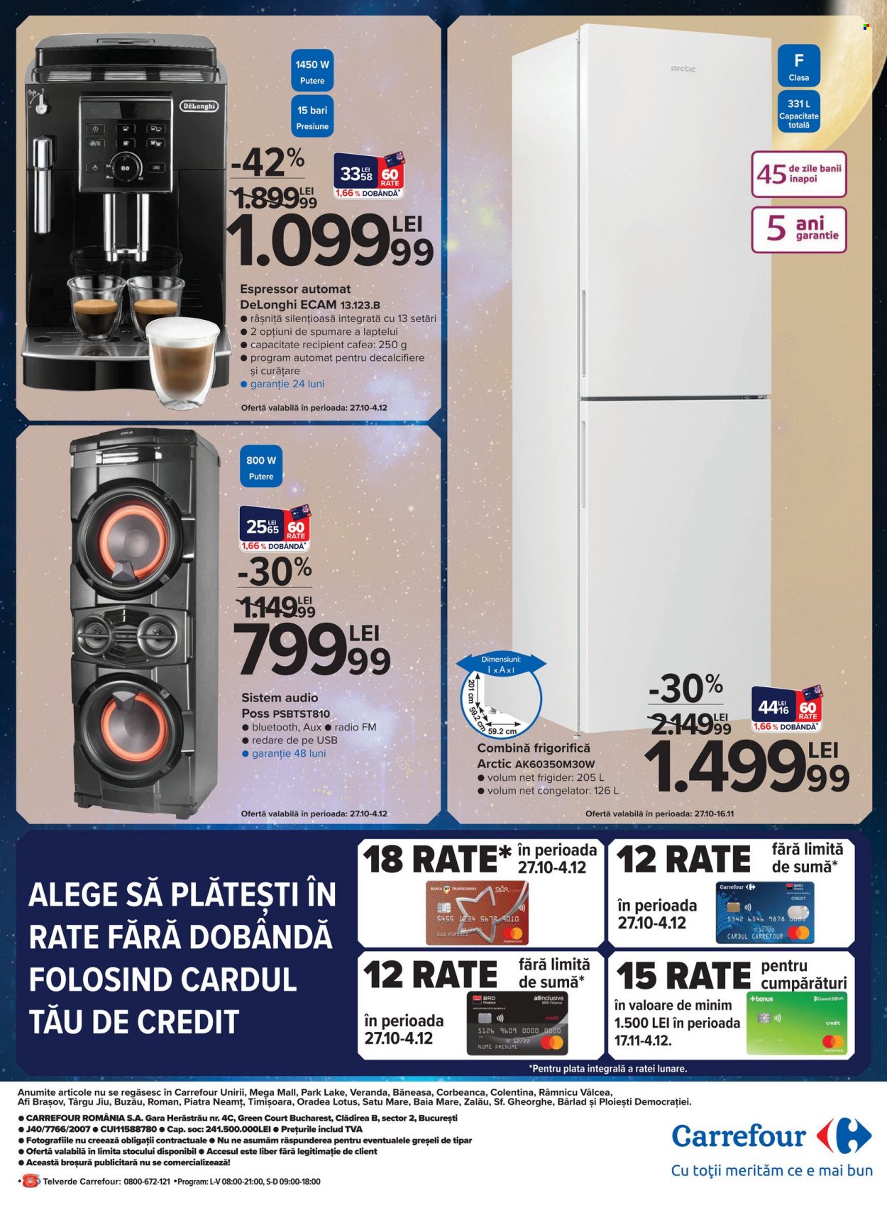 thumbnail - Cataloage Carrefour - 27.10.2022 - 04.12.2022 - Produse în vânzare - De'Longhi, cafea, sistem audio, combina frigorifica, congelator, frigider, espressor, bancă. Pagina 28.