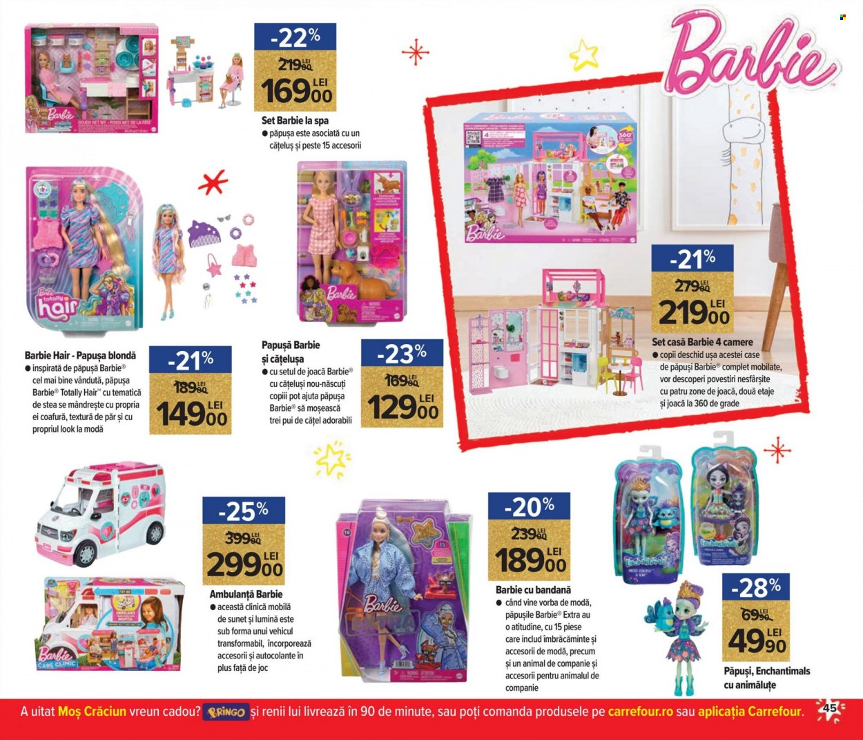 thumbnail - Cataloage Carrefour - 10.11.2022 - 04.01.2023 - Produse în vânzare - ușă, Moș Crăciun, Barbie, Enchantimals, masinuta, păpuşă. Pagina 45.
