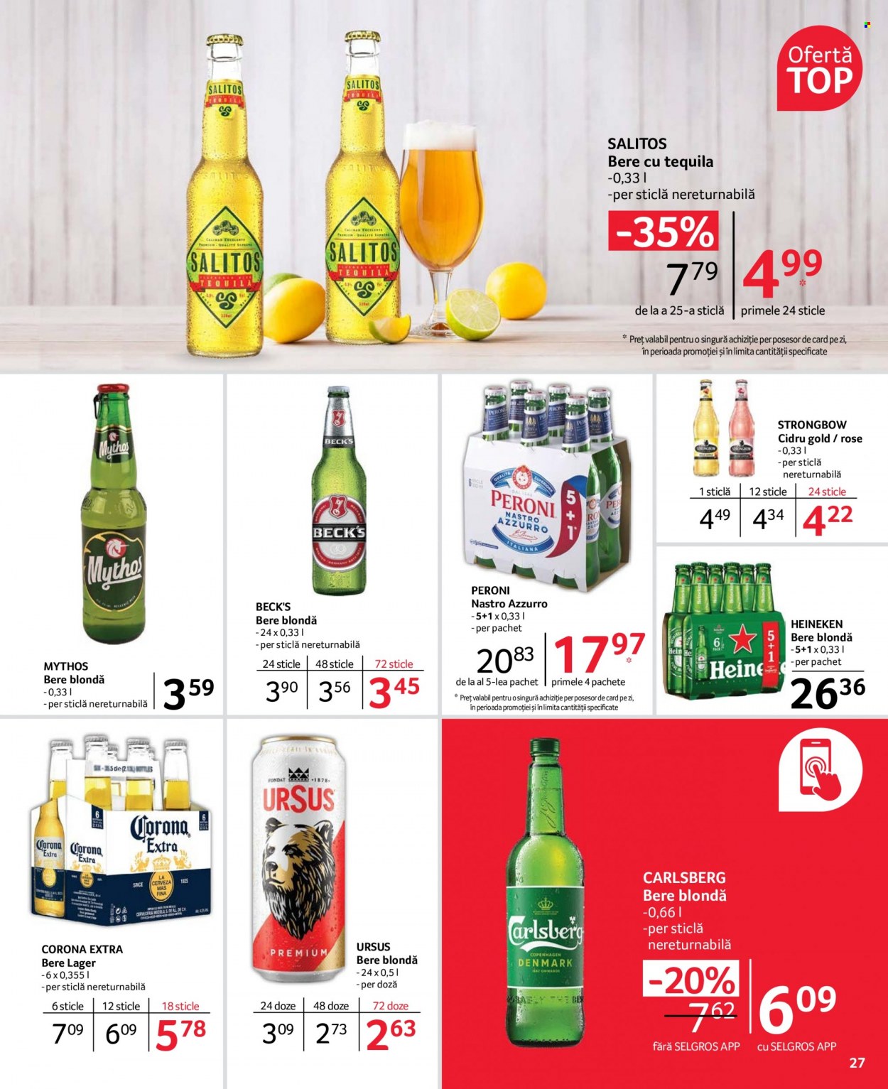 thumbnail - Cataloage Selgros - 25.11.2022 - 08.12.2022 - Produse în vânzare - Corona, bere blondă, Ursus, Heineken, bere, Carlsberg, cidru. Pagina 27.