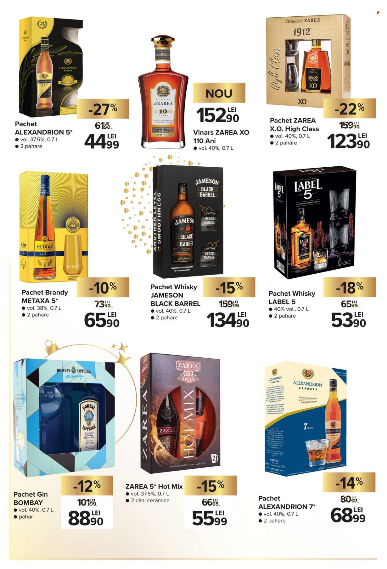 thumbnail - Cataloage Carrefour - 26.11.2022 - 08.01.2023 - Produse în vânzare - Alexandrion, brandy, gin, Jameson, Metaxa, Scotch Whisky, whisky, pahare. Pagina 12.