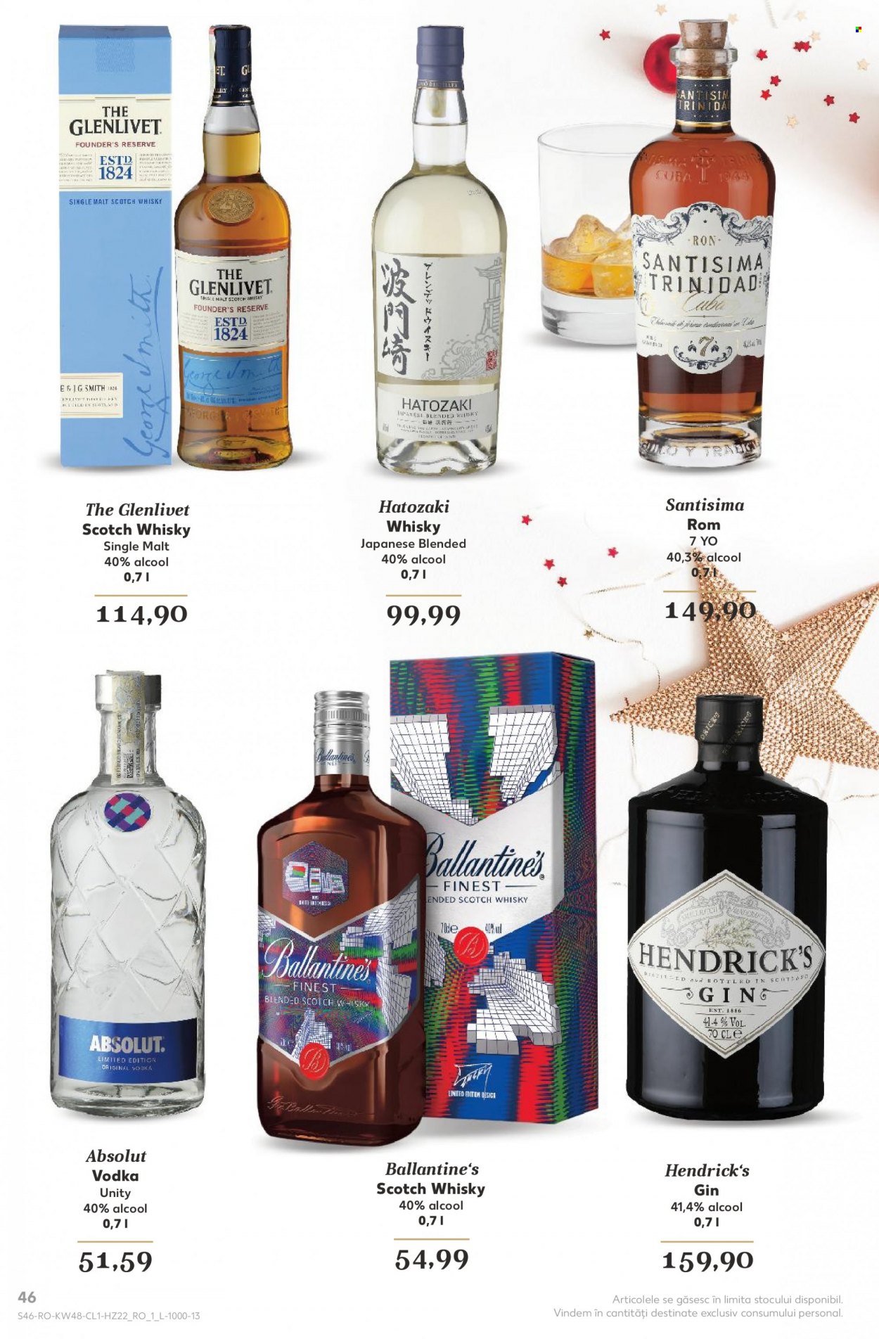thumbnail - Cataloage Kaufland - 30.11.2022 - 31.12.2022 - Produse în vânzare - alcool, Absolut, gin, rom, Scotch Whisky, vodcă, whisky, Ballantine's. Pagina 46.