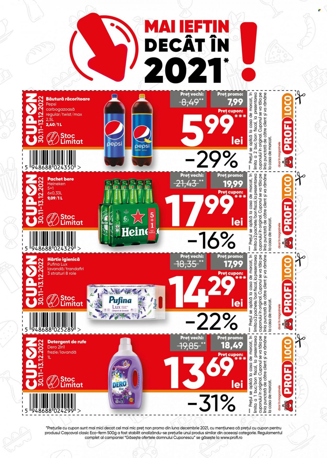 thumbnail - Cataloage Profi Loco - 30.11.2022 - 13.12.2022 - Produse în vânzare - alcool, Heineken, bere, cașcaval, băutură răcoritoare, Pepsi, hârtie igienică, detergent, Dero. Pagina 5.