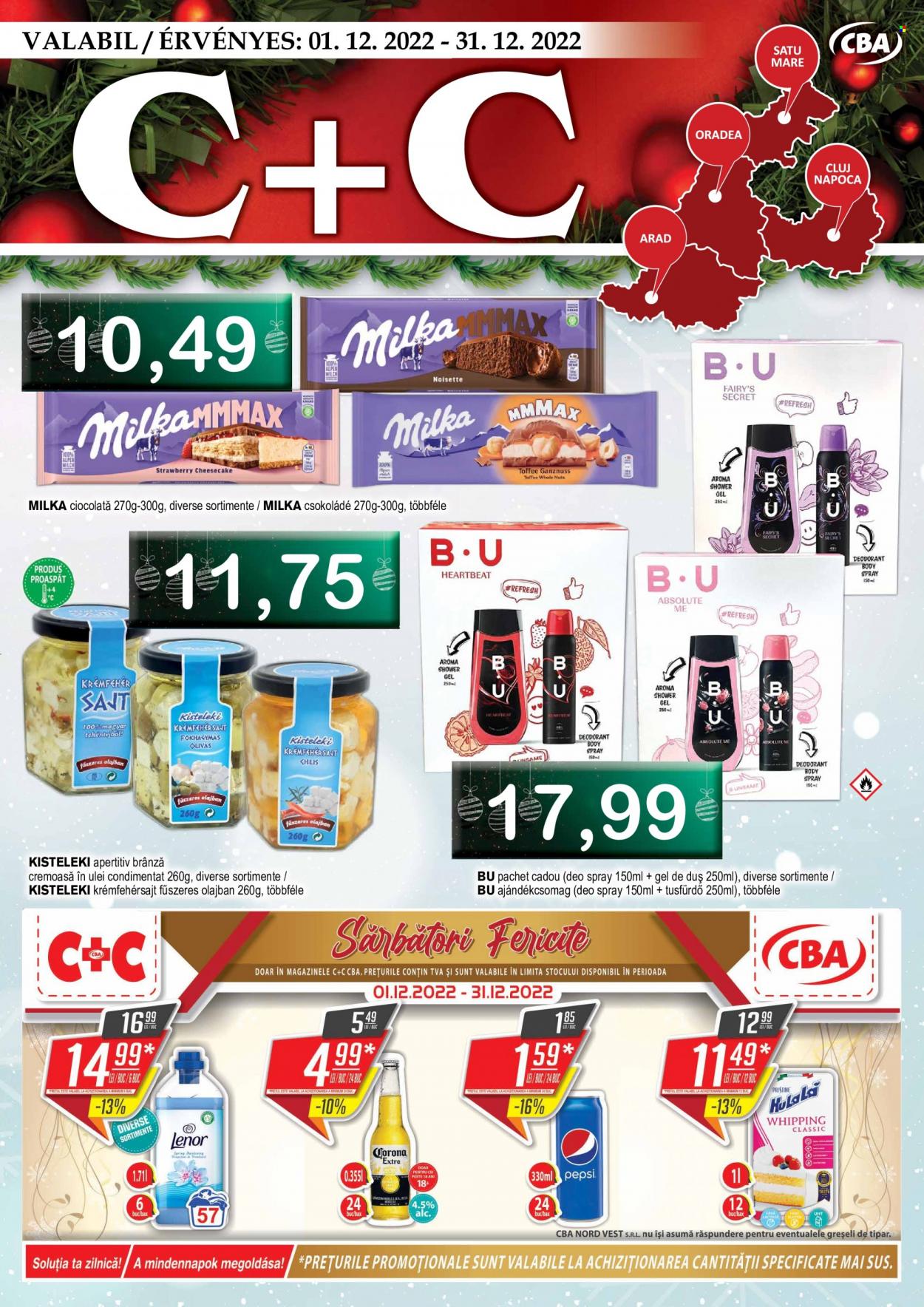 thumbnail - Cataloage CBA - 01.12.2022 - 31.12.2022 - Produse în vânzare - Corona, alcool, bere, brânză cremoasă, Milka, Hulala, ciocolată, Pepsi, suc. Pagina 1.