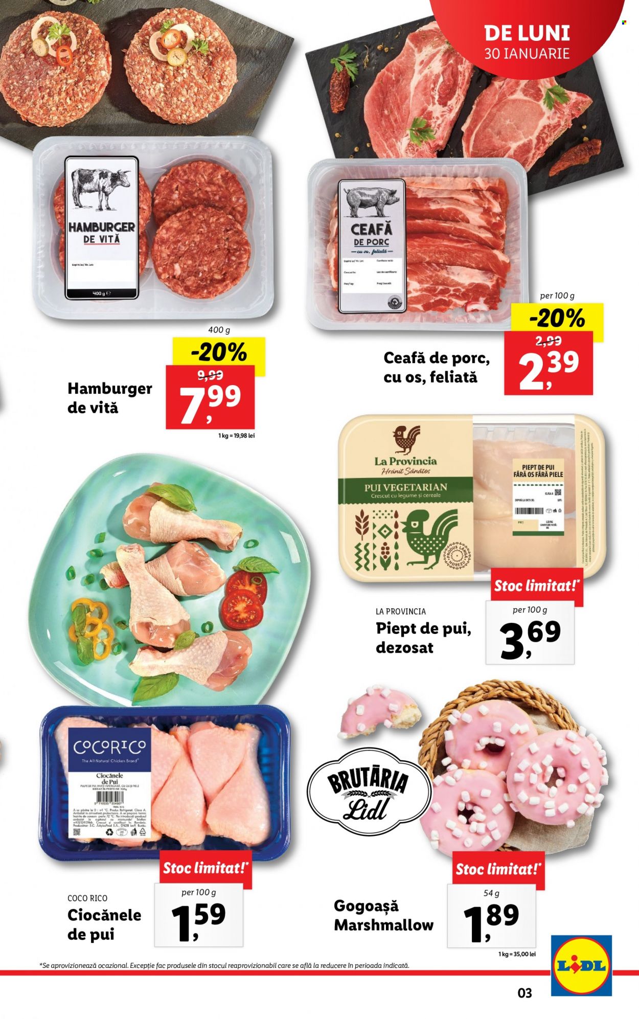 thumbnail - Cataloage Lidl - 30.01.2023 - 05.02.2023 - Produse în vânzare - gogoașă, piept de pui, hamburger, carne de porc, ceafă de porc, Pur, telefon. Pagina 3.