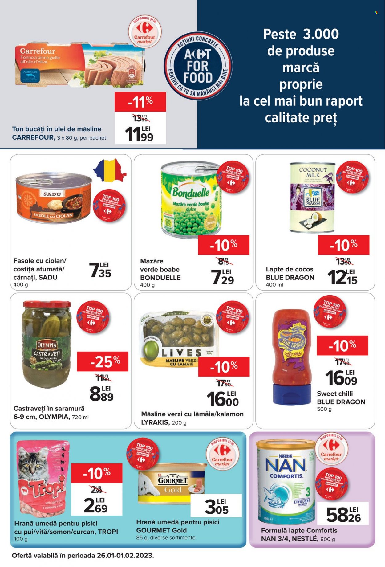 thumbnail - Cataloage Carrefour - 26.01.2023 - 01.02.2023 - Produse în vânzare - mazăre, cârnaţi, Bonduelle, Nestlé, fasole, lapte de cocos, măsline verzi, castravețe, ton maruntit, Gourmet. Pagina 16.