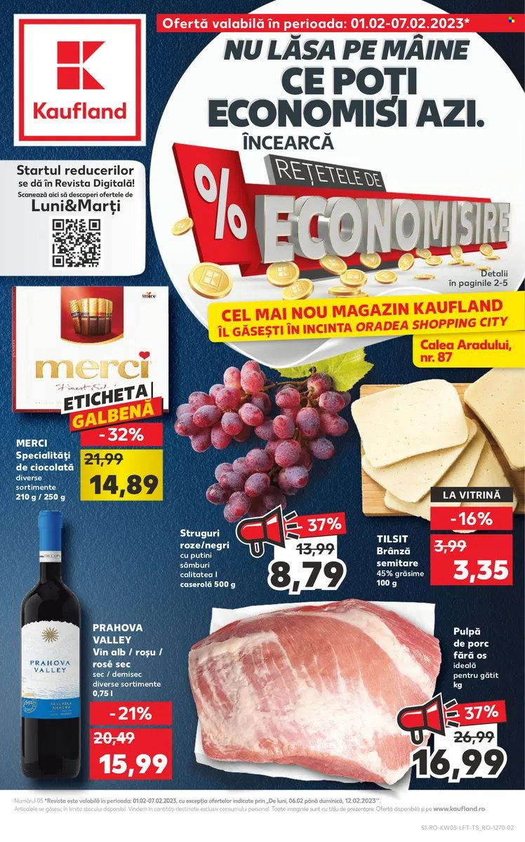 thumbnail - Cataloage Kaufland - 01.02.2023 - 01.02.2023 - Produse în vânzare - alcool, struguri roze, carne de porc, pulpă de porc, brânză, Merci, vin alb, vin. Pagina 1.