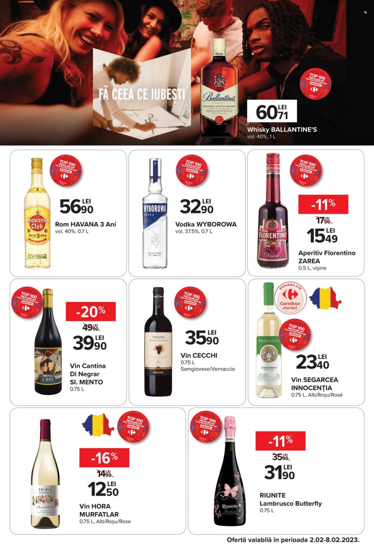 thumbnail - Cataloage Carrefour - 02.02.2023 - 08.02.2023 - Produse în vânzare - alcool, vișine, Chardonnay, Lambrusco, vin alb, vin, rom, Scotch Whisky, vodcă, whisky, Ballantine's. Pagina 23.