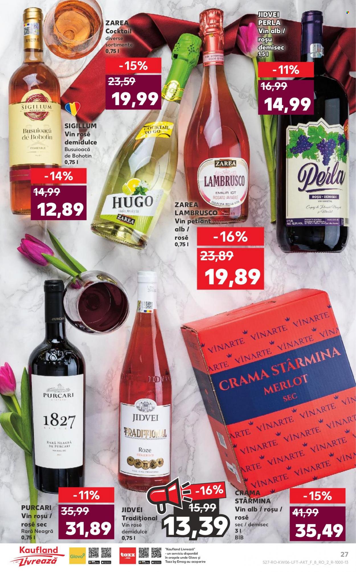 thumbnail - Cataloage Kaufland - 08.02.2023 - 14.02.2023 - Produse în vânzare - alcool, Lambrusco, Merlot, vin alb, vin rose, vin roşu, vin, Purcari, Jidvei, cocktail alcoolic. Pagina 27.