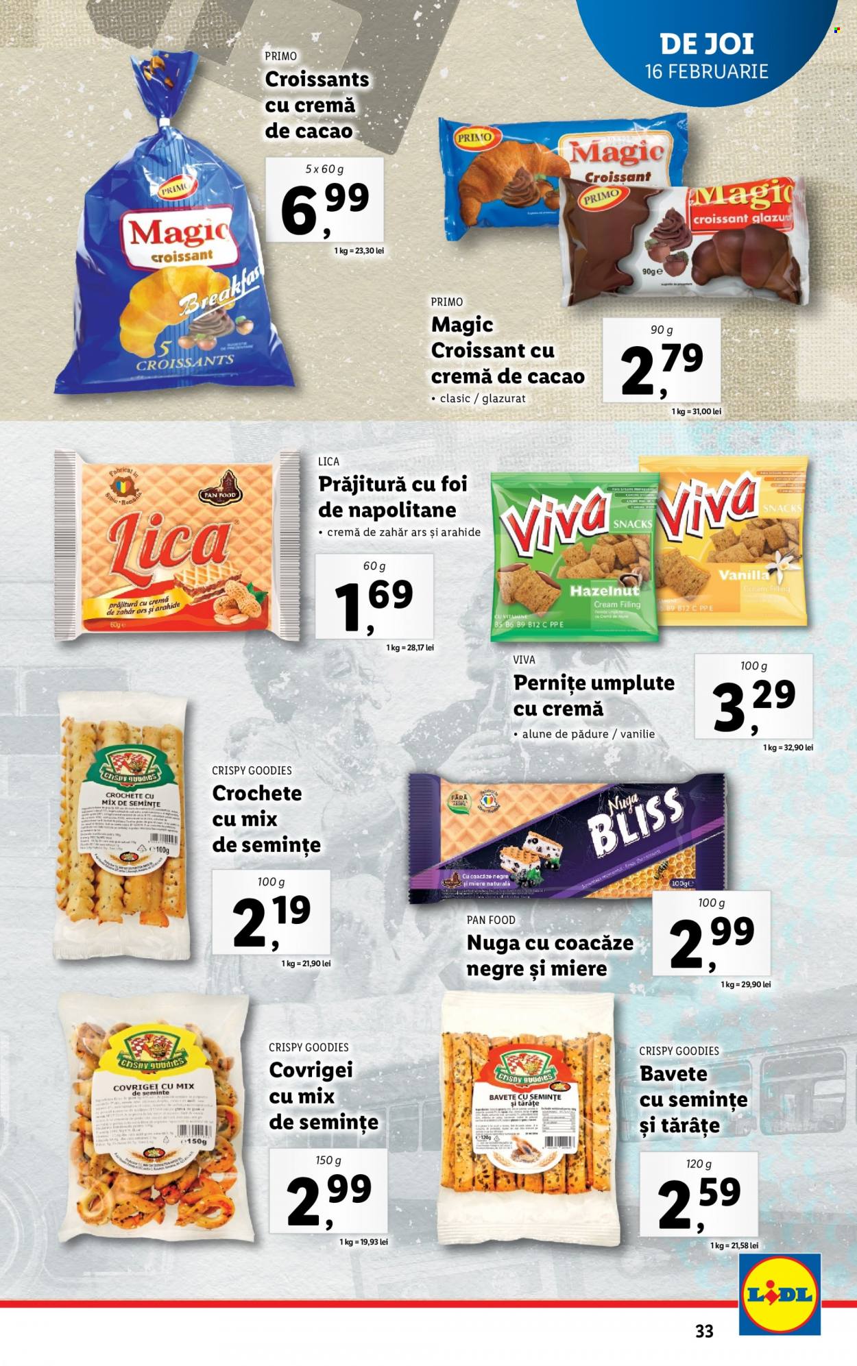 thumbnail - Cataloage Lidl - 13.02.2023 - 19.02.2023 - Produse în vânzare - croissant, prăjitură, napolitane, covrigei. Pagina 33.